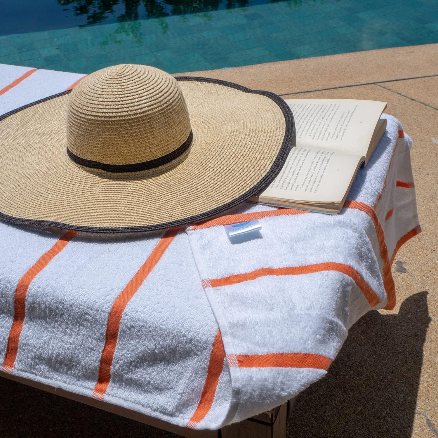 Arkwright Las Rayas Chaise Lounge Cover - (Pack of 2) 100% Cotton Terry Towel with Fitted Pocket, 30x85 - Orange