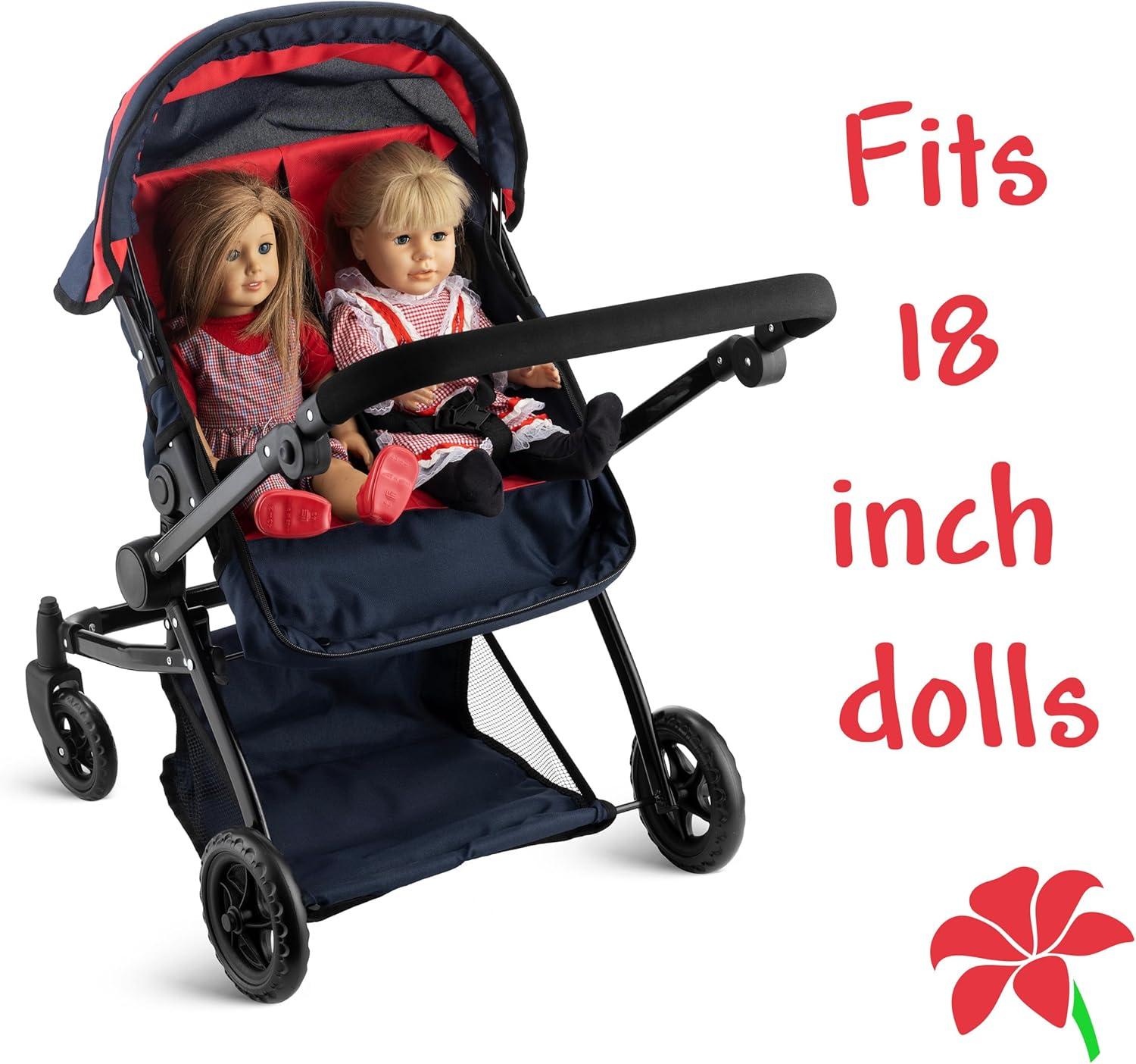 Double Doll Stroller for Twin Baby Dolls - Convertible Seat Toy Stroller for Toddlers 3 Years and up, Adjustable Handle with Storage Basket, Red Design for Kids
