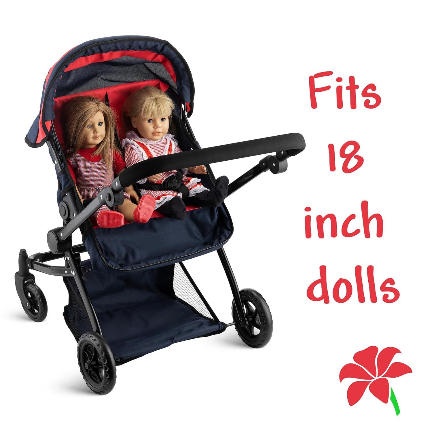 Double Doll Stroller for Twin Baby Dolls - Convertible Seat Toy Stroller for Toddlers 3 Years and up, Adjustable Handle with Storage Basket, Red Design for Kids