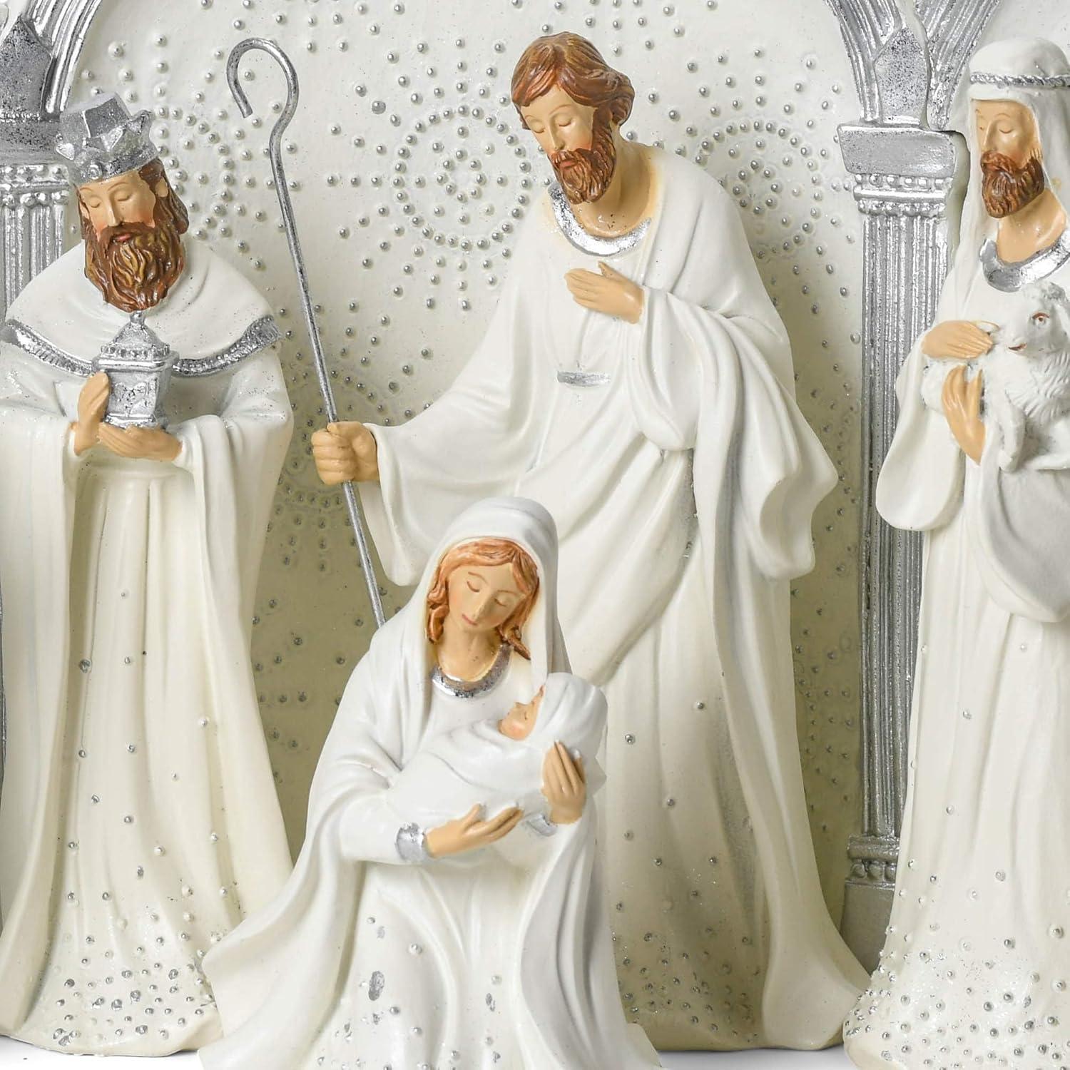 Roman 133013 Nativity Silver Dot White with Triptych Backdrop,11.25 inch