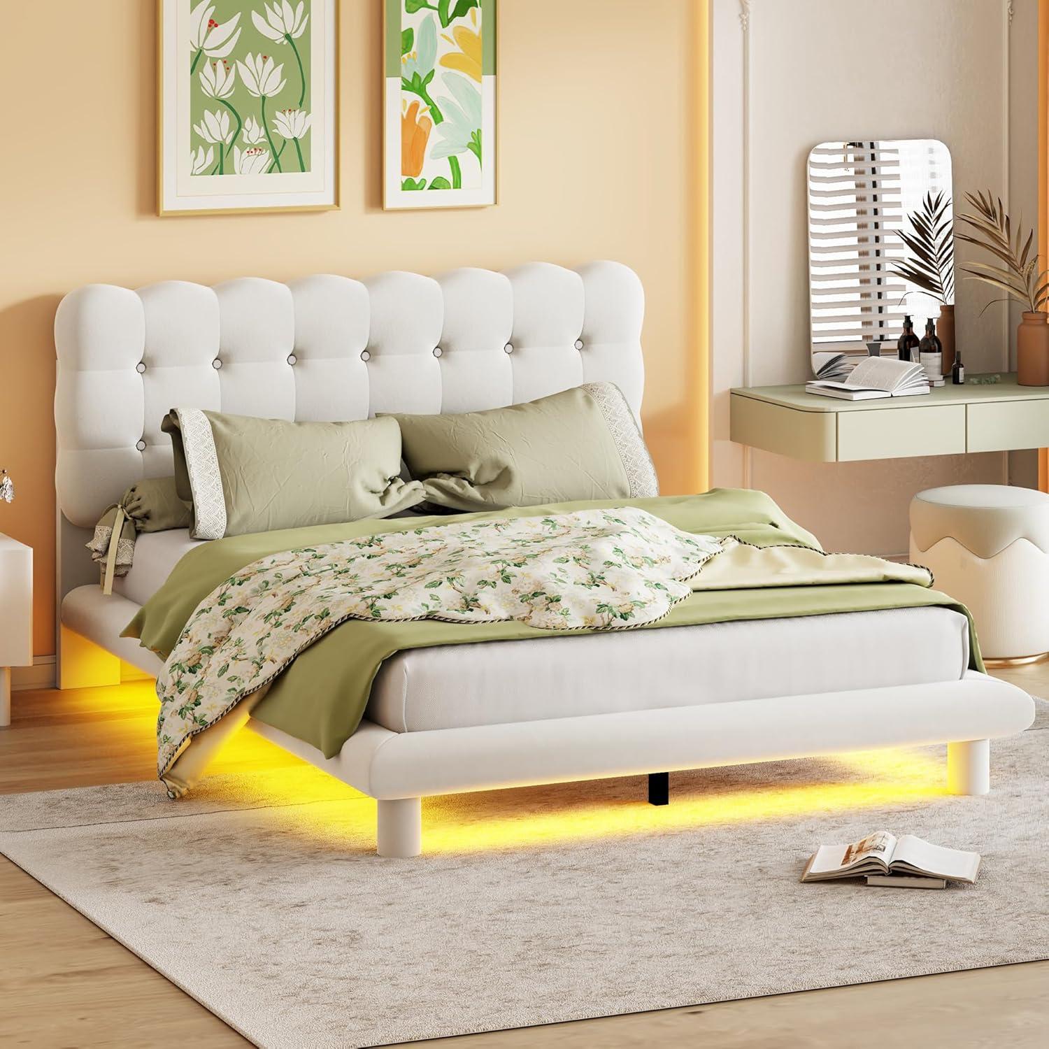 Queen Size Beige Velvet Platform Bed with LED Light and Tufted Upholstered Headboard