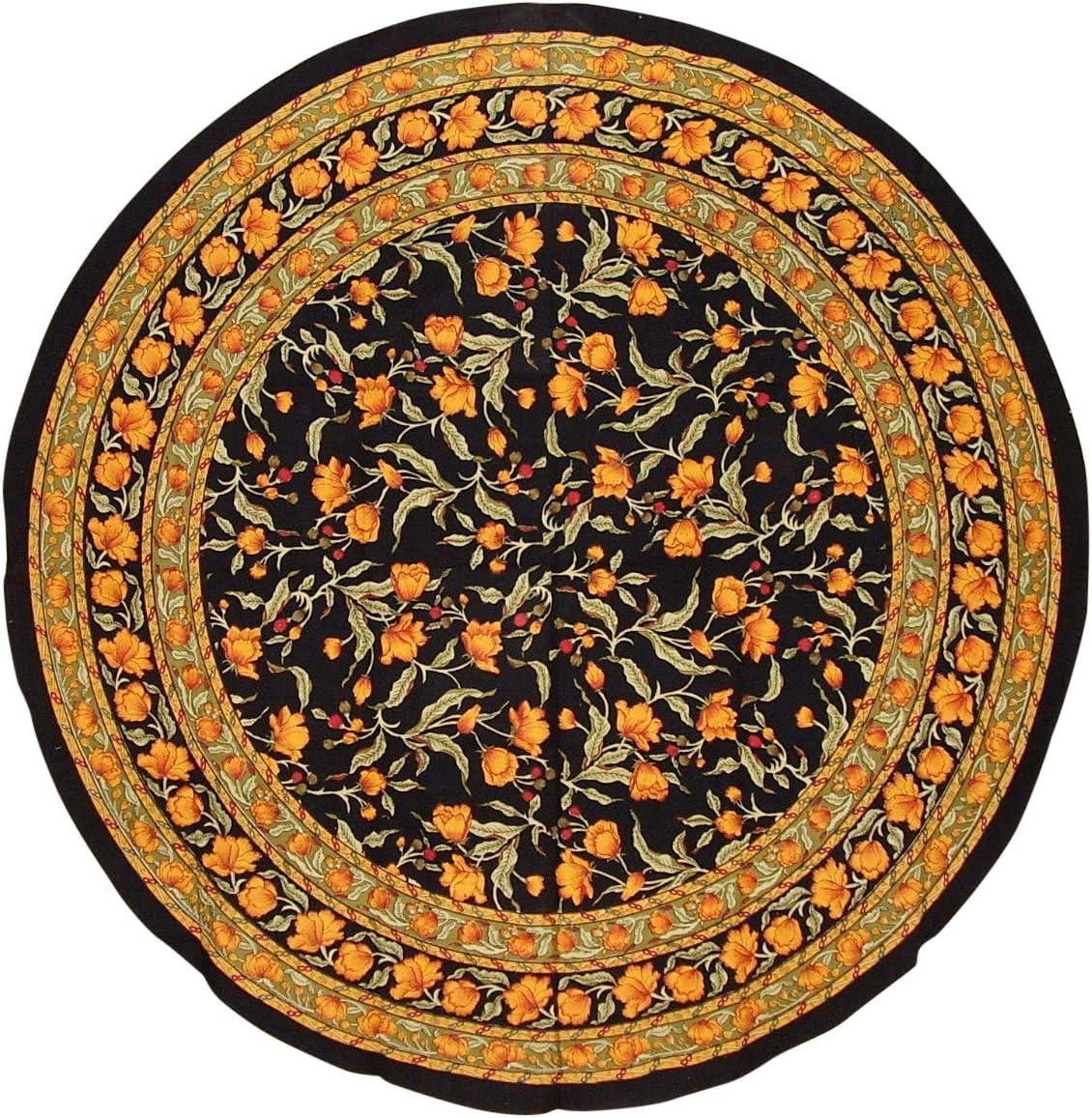 India Arts French Floral Round Cotton Tablecloth 70" Amber on Black