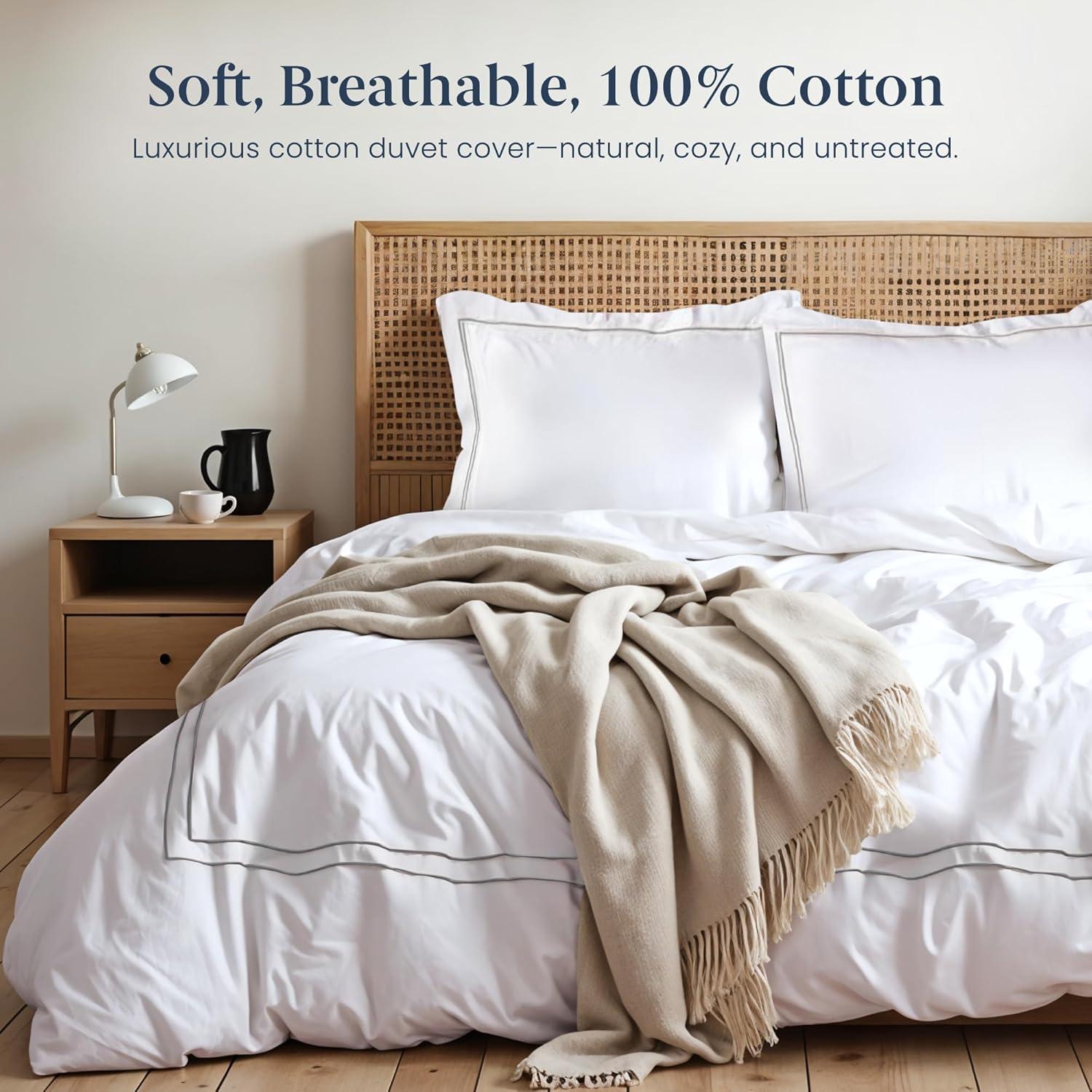 Ella Jayne 100% Cotton Percale 3 Piece Duvet Set, King, Stone, White with Stone Satin Stitching