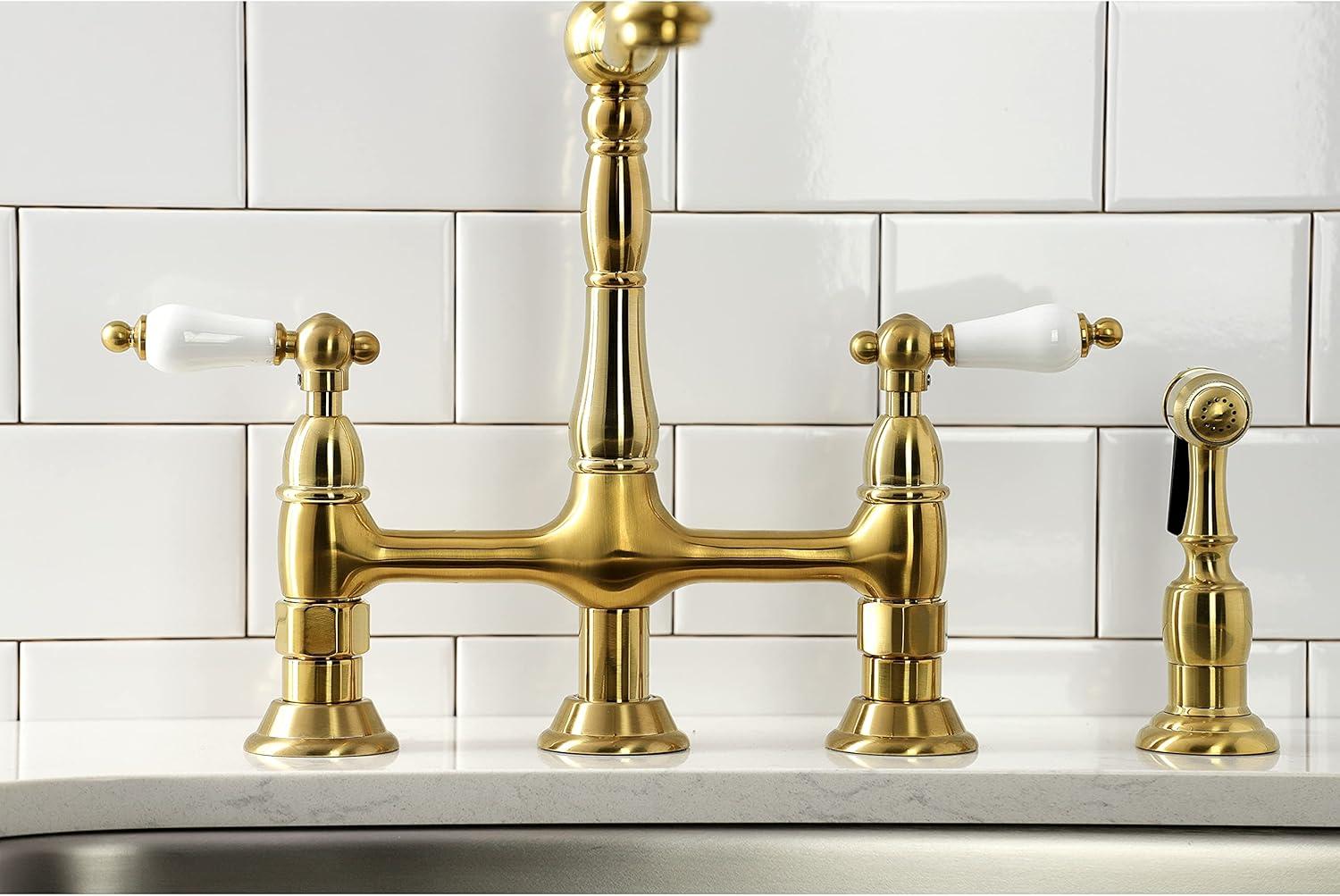 Kingston Brass Heritage Two-Handle 4-Hole Deck Mount Bridge Kitchen Faucet with Brass Side Sprayer