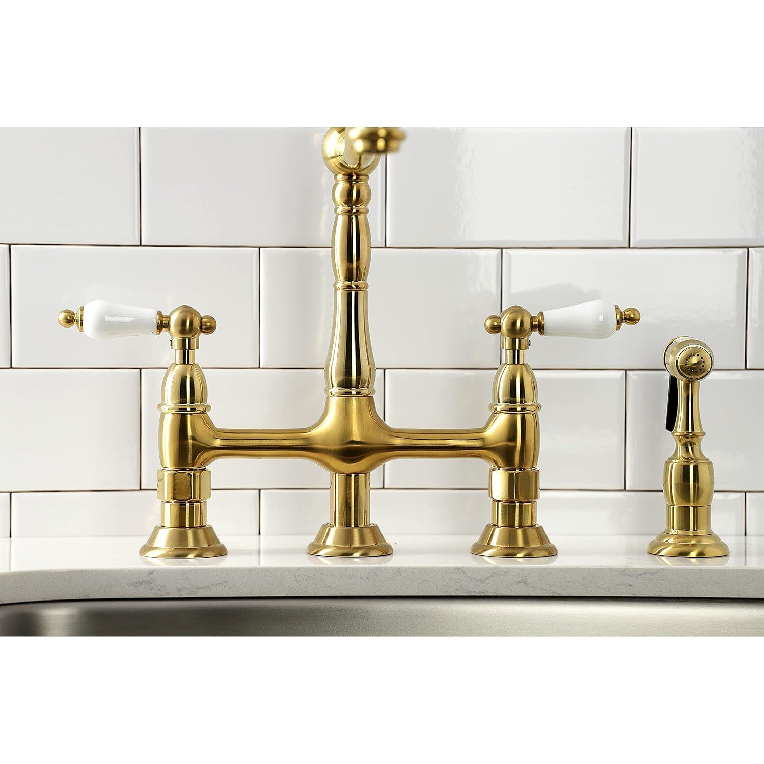 Kingston Brass Heritage Two-Handle 4-Hole Deck Mount Bridge Kitchen Faucet with Brass Side Sprayer
