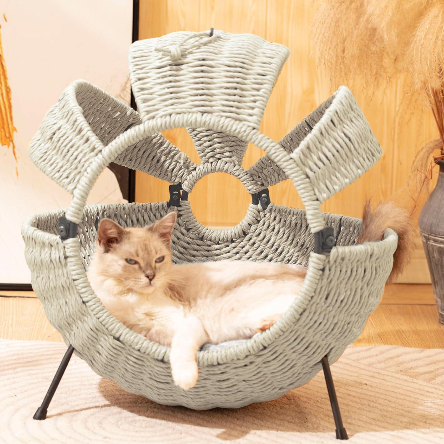 Rattan cat house with cushion,20.5",White Gray