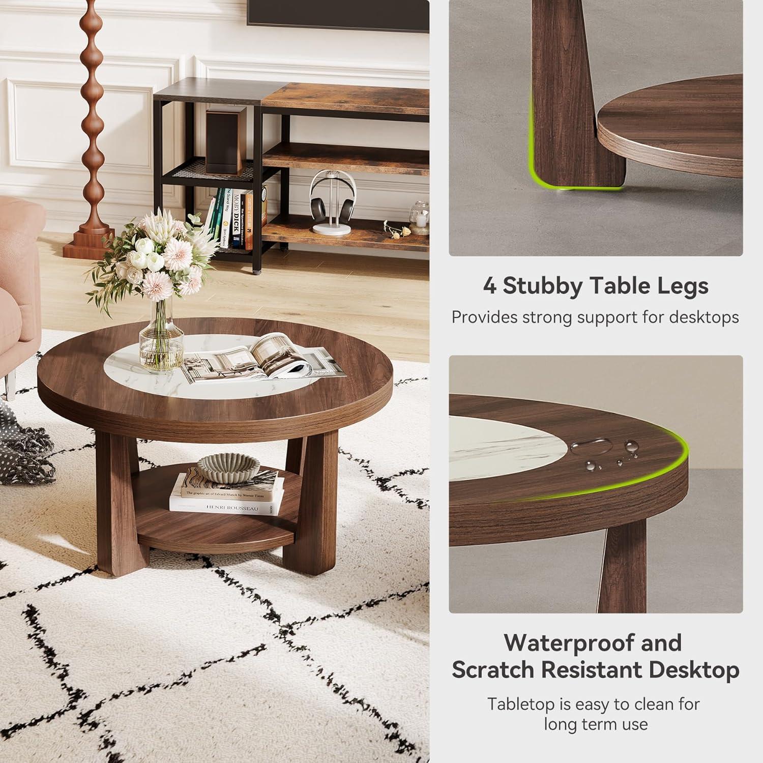 LITTLE TREE Modern Round Coffee Table, 2-Tier Wood Coffee Table with Storage, Marble-Like Tabletop for Living Room, Simple & Modern Center Table for Small Space, Brown