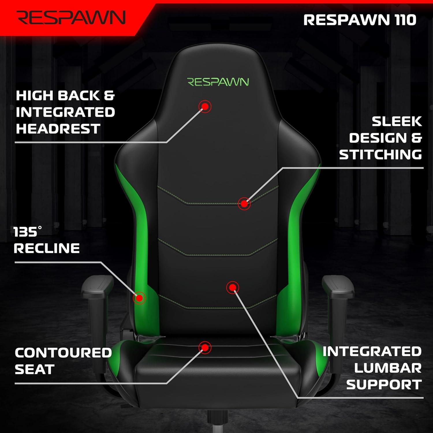 RESPAWN 110 Gaming Chair - Gamer Chair PC Computer Chair, Ergonomic Gaming Chairs, Office Chair with Integrated Headrest, Gaming Chair for Adults 135 Degree Recline with Angle Lock