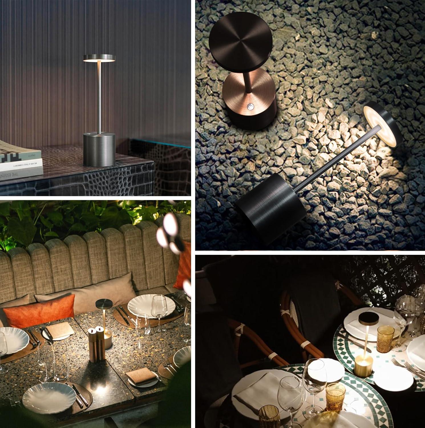 Black Cordless Outdoor LED Table Lamp Set with Metal Shade