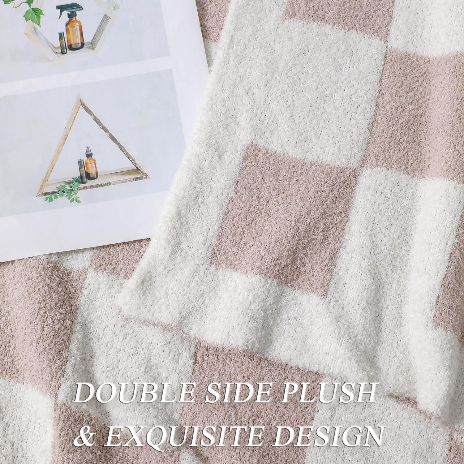 bearberry Fuzzy Checkerboard Grid Throw Blanket Knitted Soft Cozy Warm Microfiber Blanket Decor for Couch Sofa Bed Travel Home (Cream, 40''x50'')