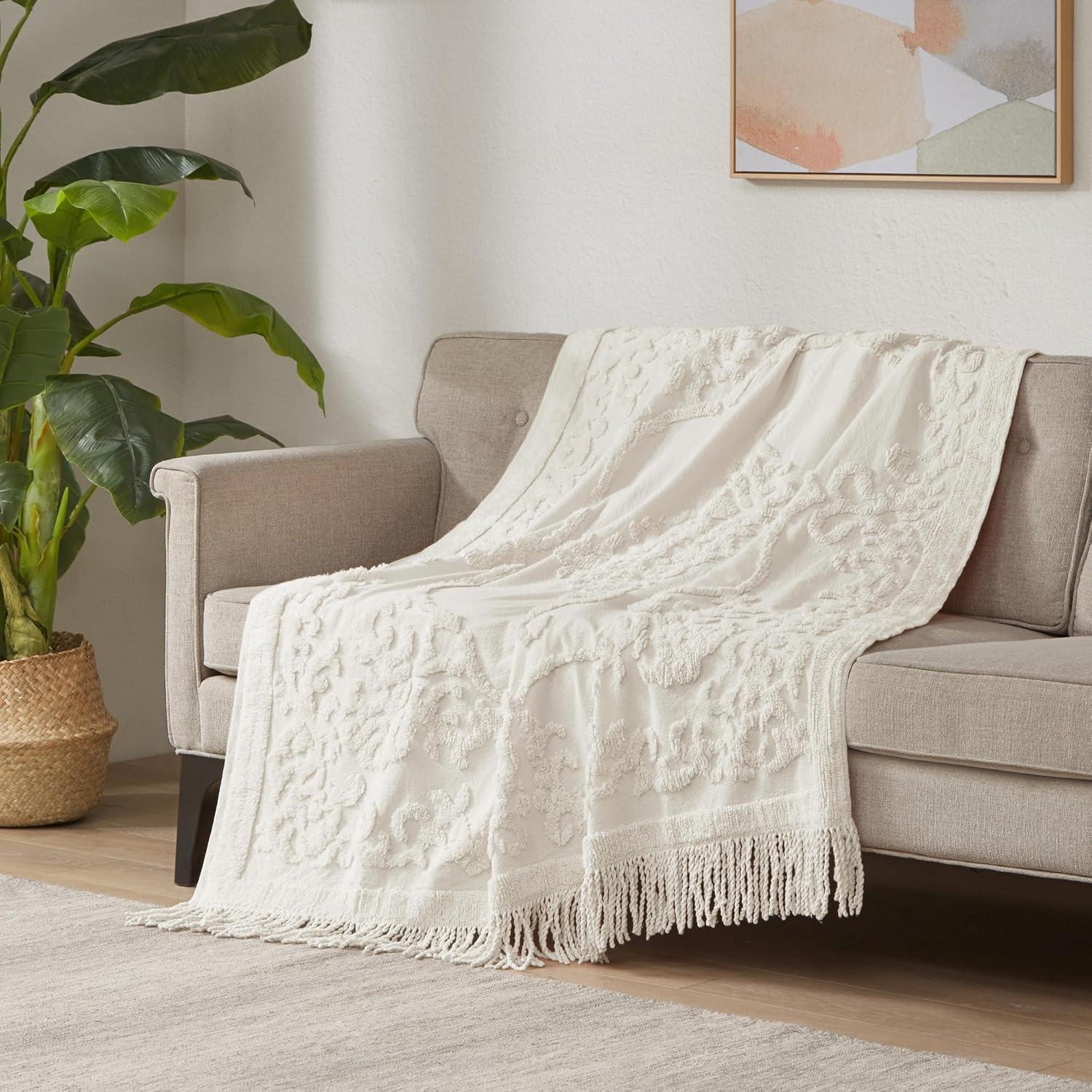 Madison Park Chloe 100% Cotton Tufted Chenille Lightweight Throw With Fringe Tassel