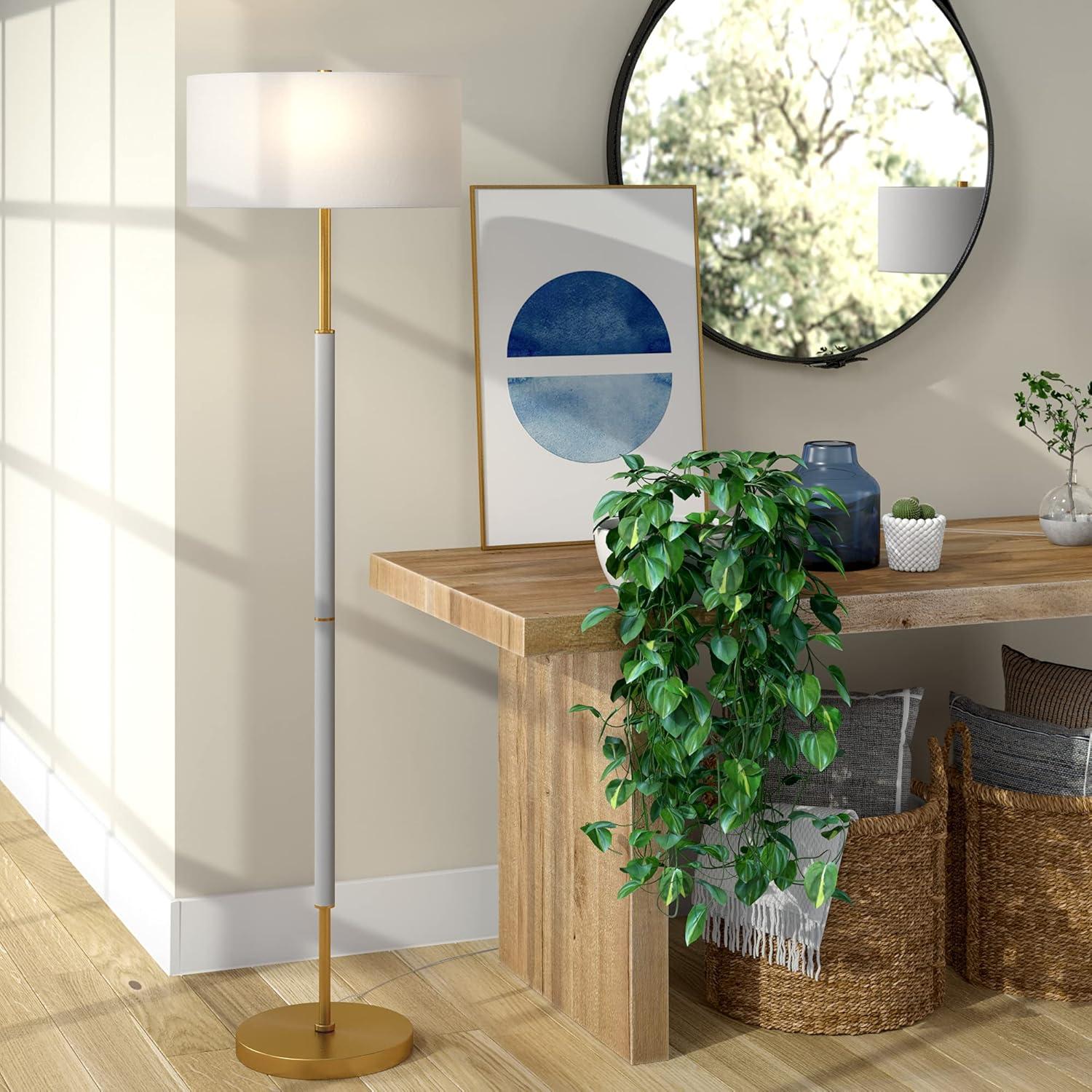 Evelyn&Zoe Simone 2-Light Floor Lamp with Fabric Shade, Cool Gray/Brass/White