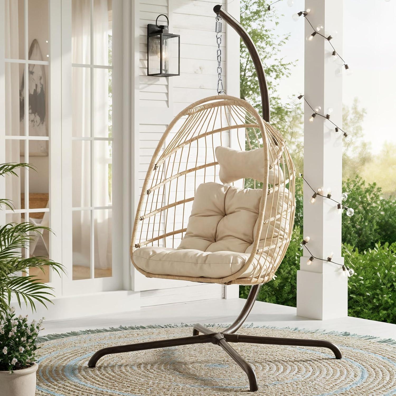 RADIATA Outdoor Foldable Hanging Egg Chair with Stand, PE Wicker Swing Chair with Cushion and Headrest, 350 lbs Capacity, Beige