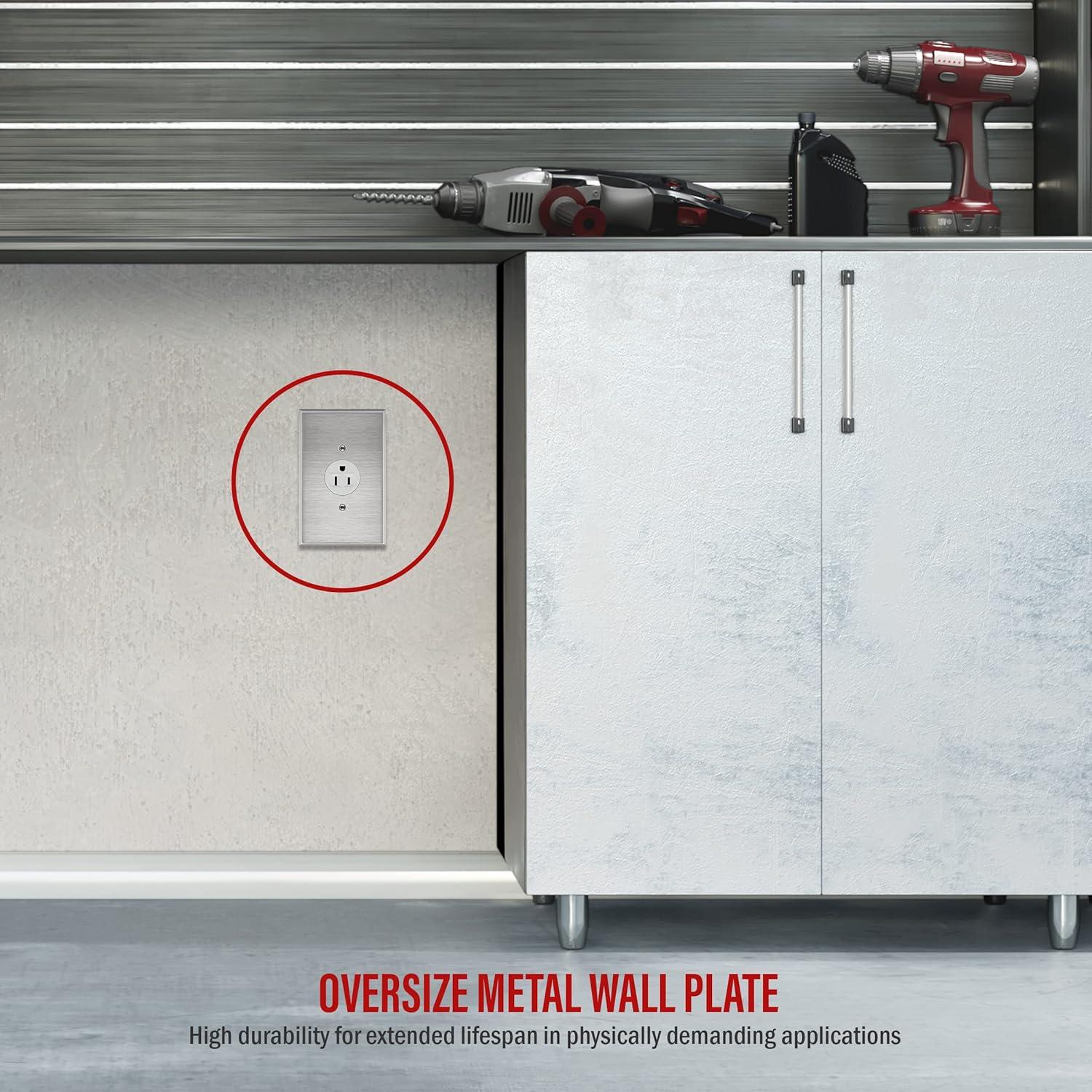 ENERLITES 1.406" Hole Single Receptacle Outlet Metal Wall Plate, Corrosive Resistant, Over Size 1-Gang 5.5" x 3.5", 7751O, 430 Stainless Steel, UL Listed, Silver