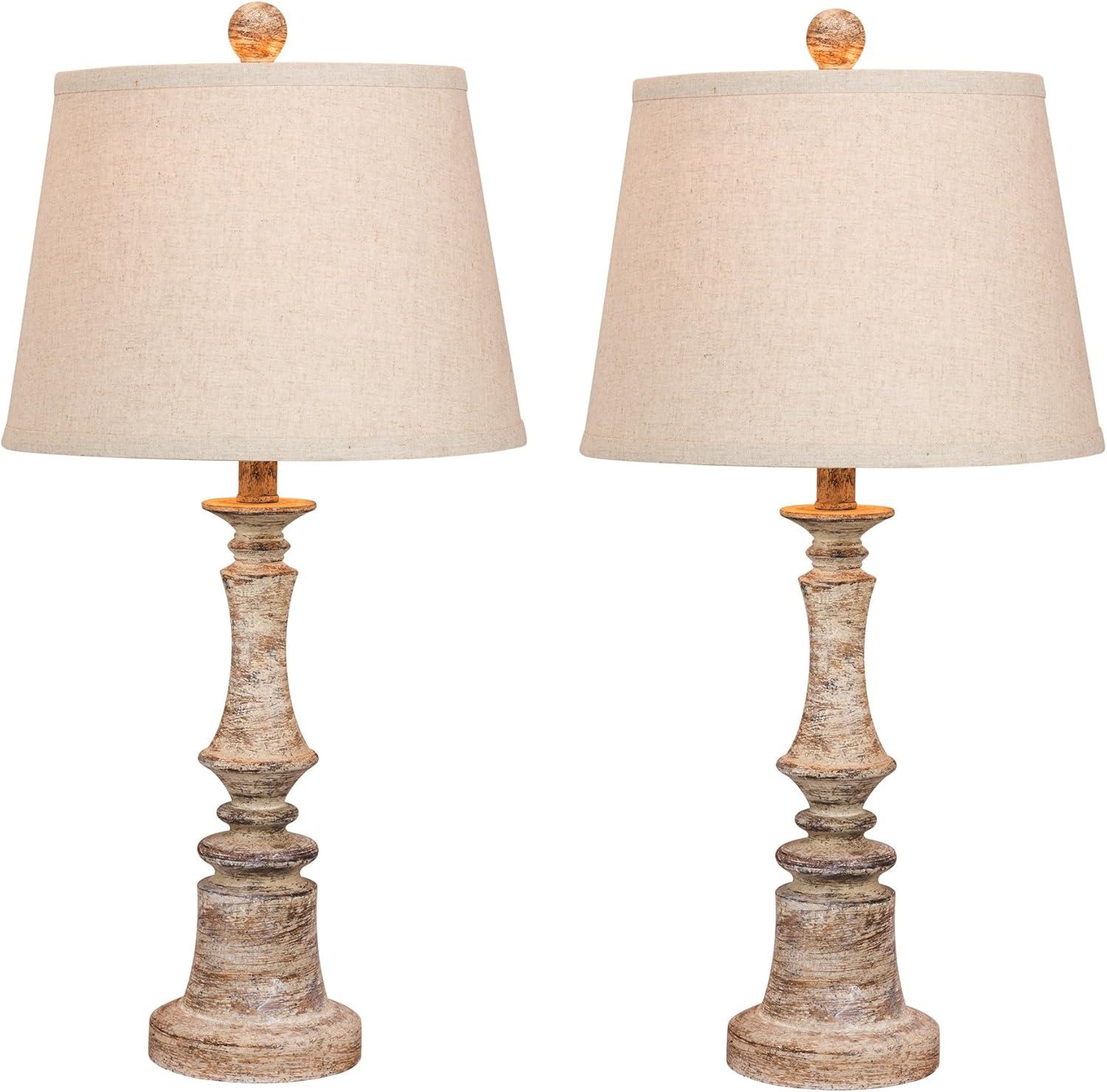 Fangio Lighting 's 6240CABG-2PK Pair Of 26.5 in. Distressed Candlestick Resin Table Lamps in a Cottage Antique Beige Finish