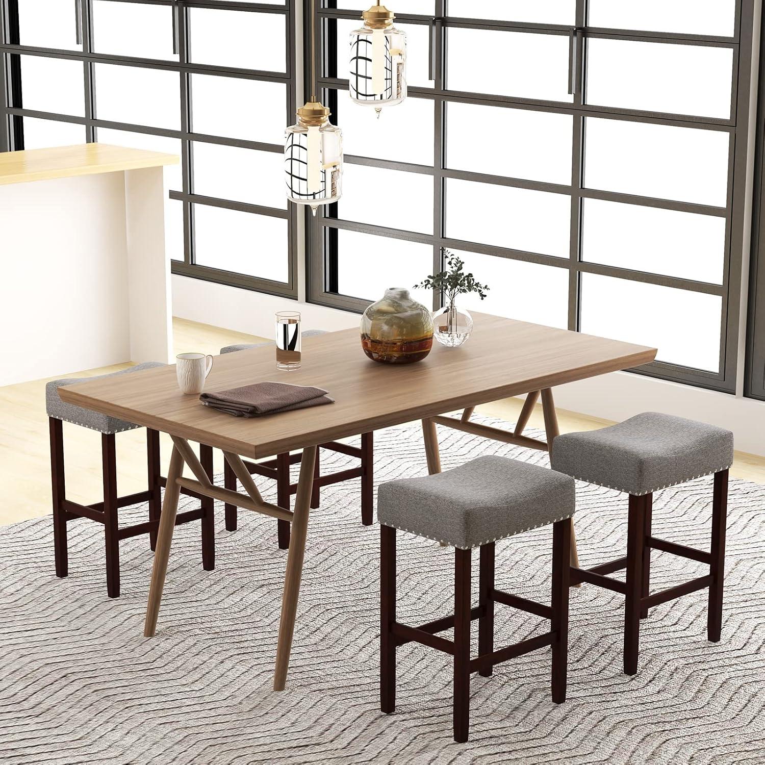 Costway Set of 2 Bar Stools Counter Height Saddle Kitchen Chairs with Wooden Legs Beige