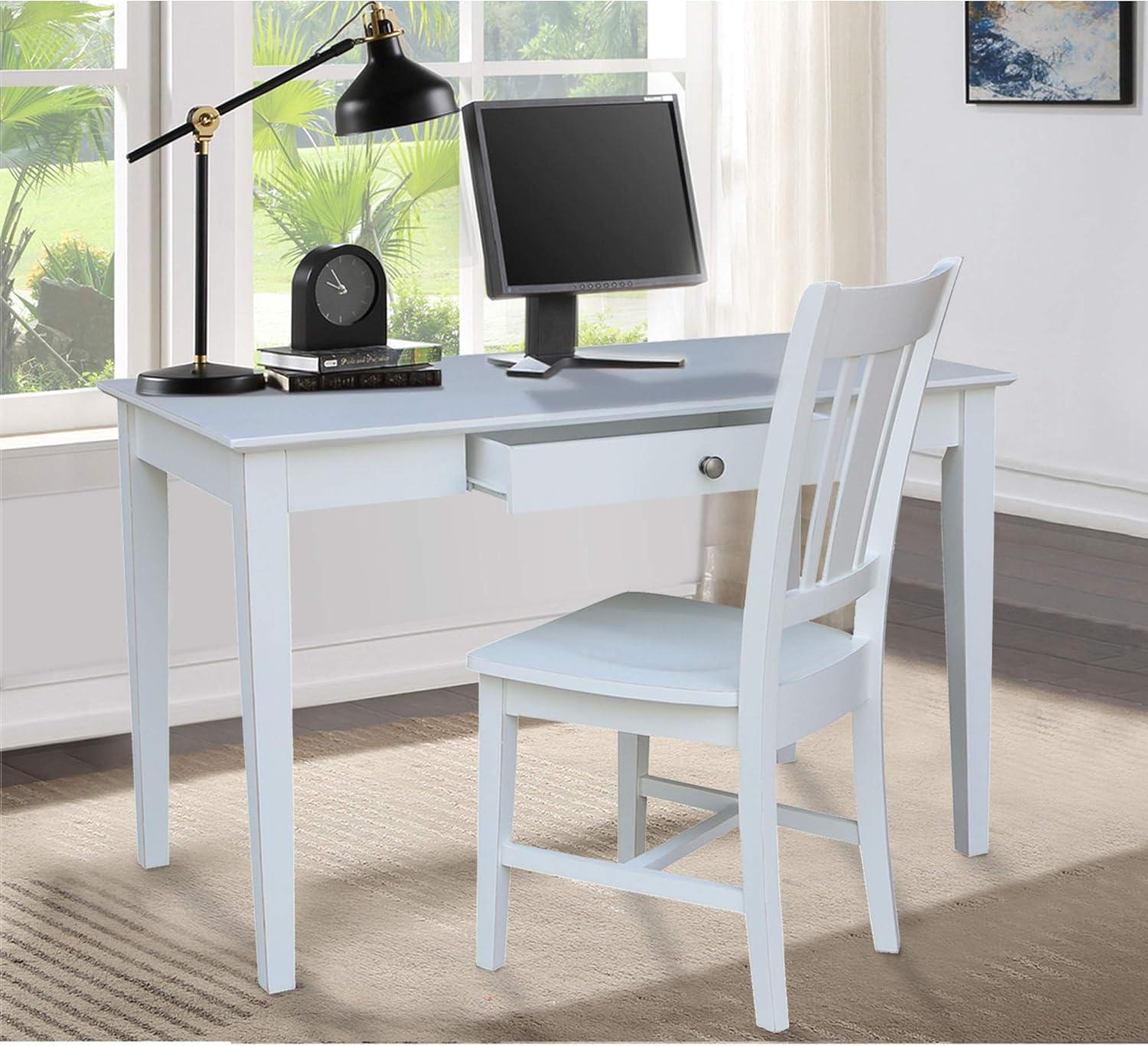 Beach White Solid Hardwood Desk with Drawer and Chair Set