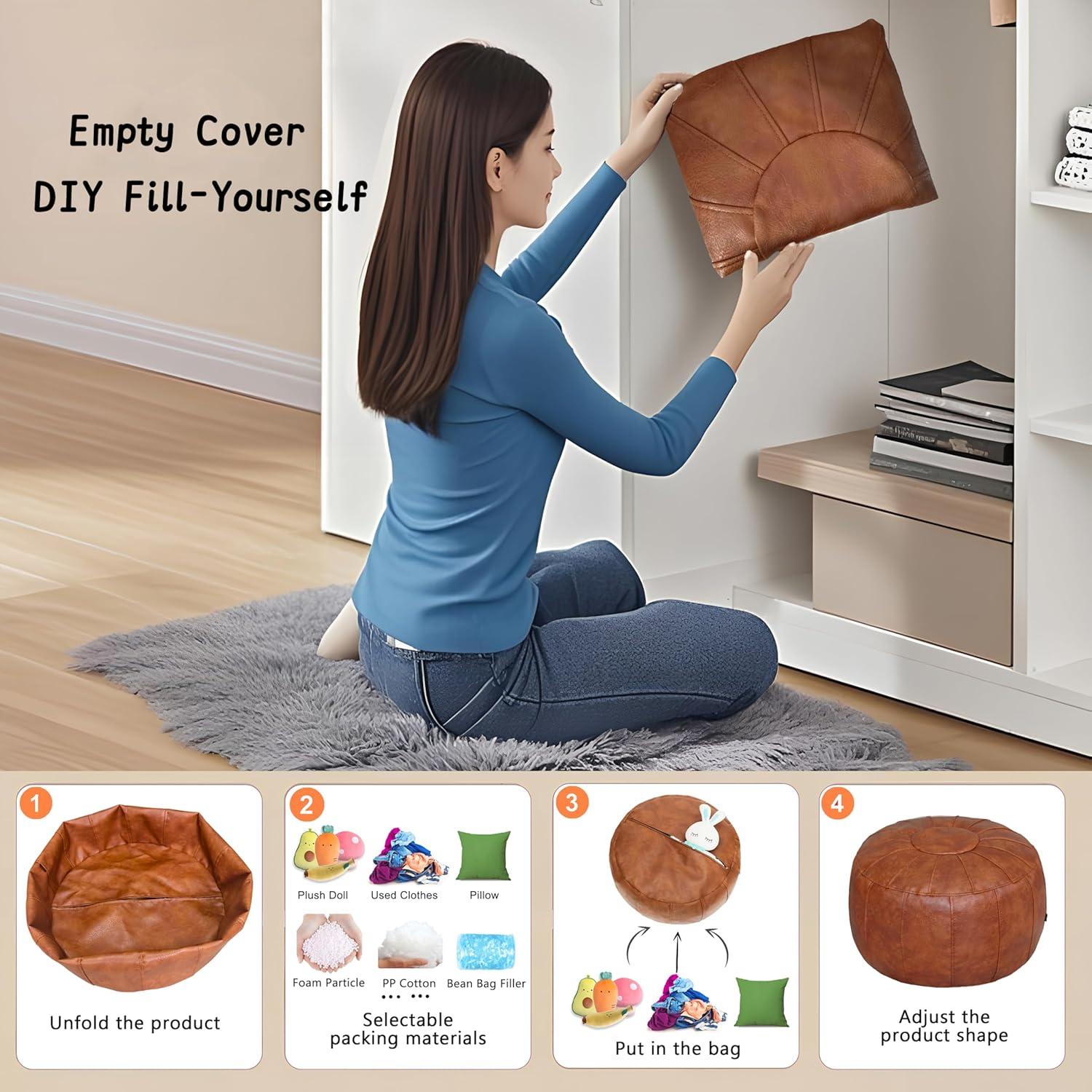 Unstuffed Handmade Moroccan Round Pouf Foot Stool Ottoman Seat Faux Leather Large Storage Bean Bag Floor Chair Foot Rest For Living Room, Bedroom Or Wedding Gifts