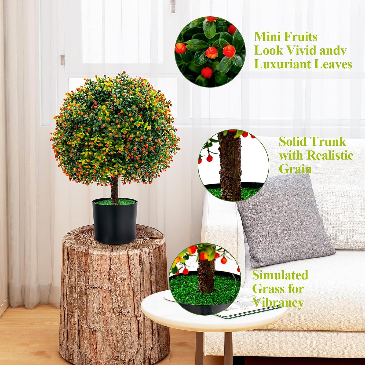 Costway 22'' Artificial Boxwood Topiary Ball Tree 2-Pack Faux Potted Plant w/Orange Fruit