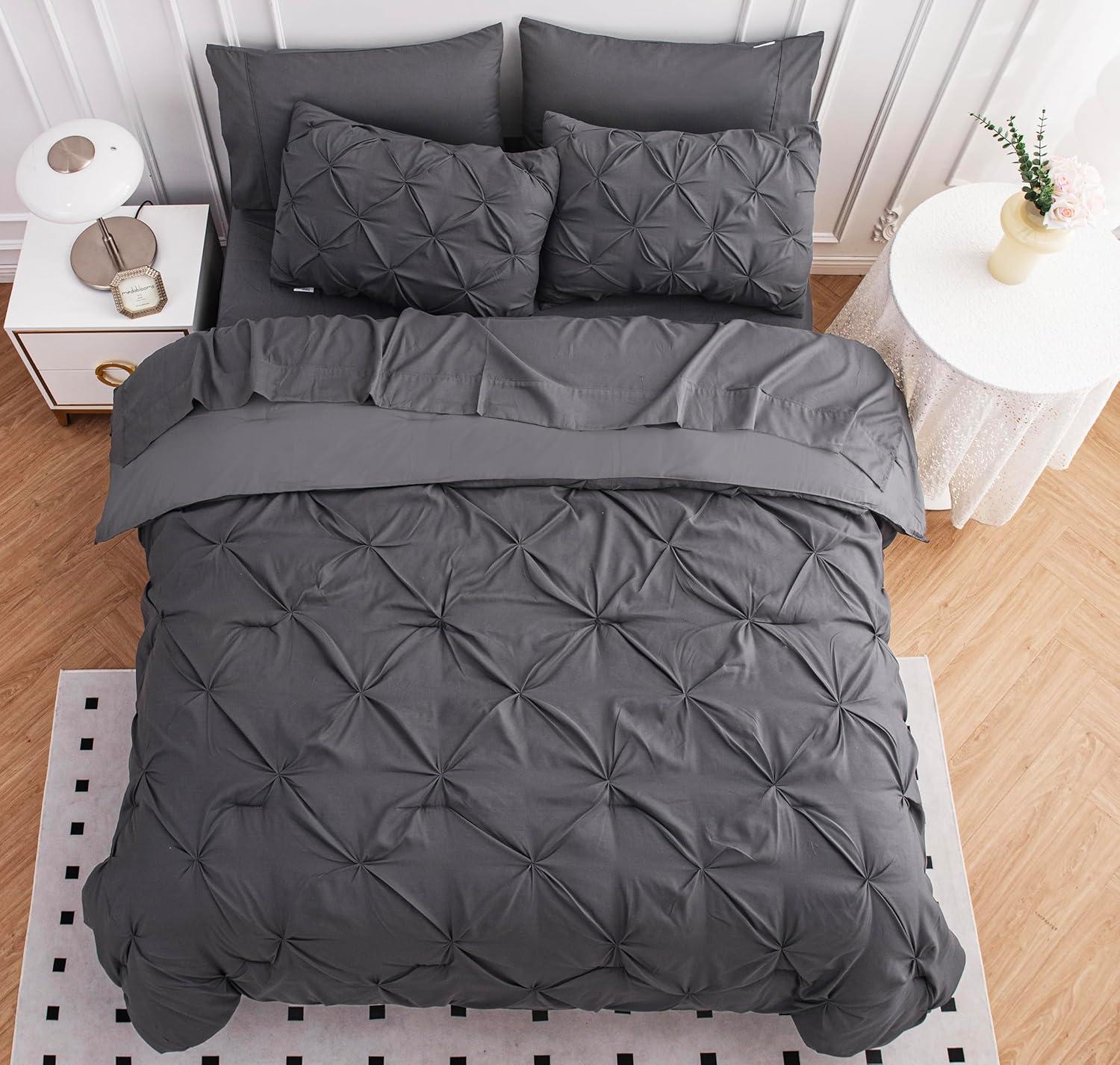 King Size Comforter Set - Bedding Set King 7 Pieces, Pintuck Bed in a Bag Grey Bed Set with Comforter, Sheets, Pillowcases & Shams