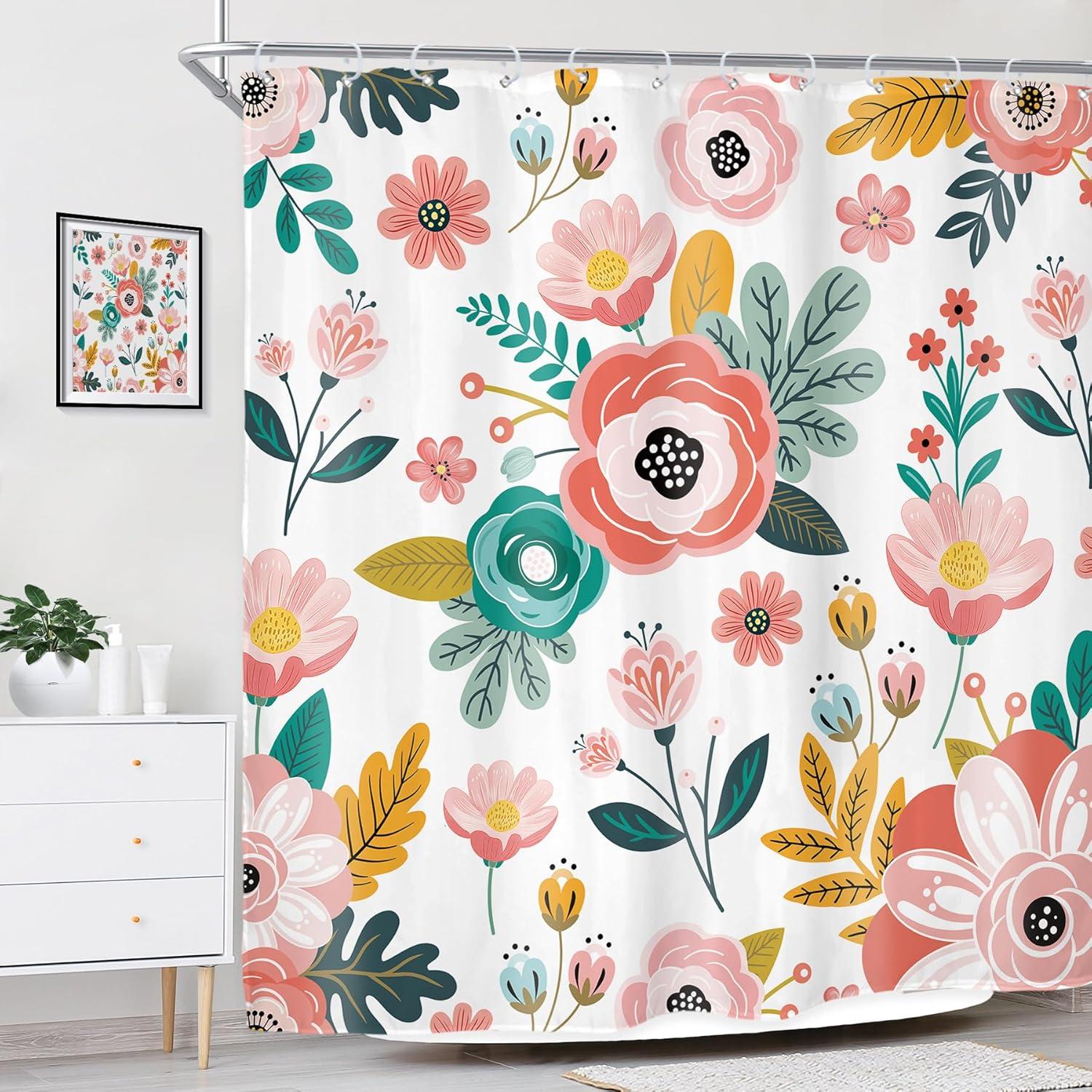 Red Barrel Studio® Pink Floral Shower Curtain For Bathroom Decor 72Wx72h Watercolor Colorful Flower Tropical Leaves Spring Botanical Sage Green Art Printed Fabric Polyester Waterproof 12 Pack Plastic Hooks