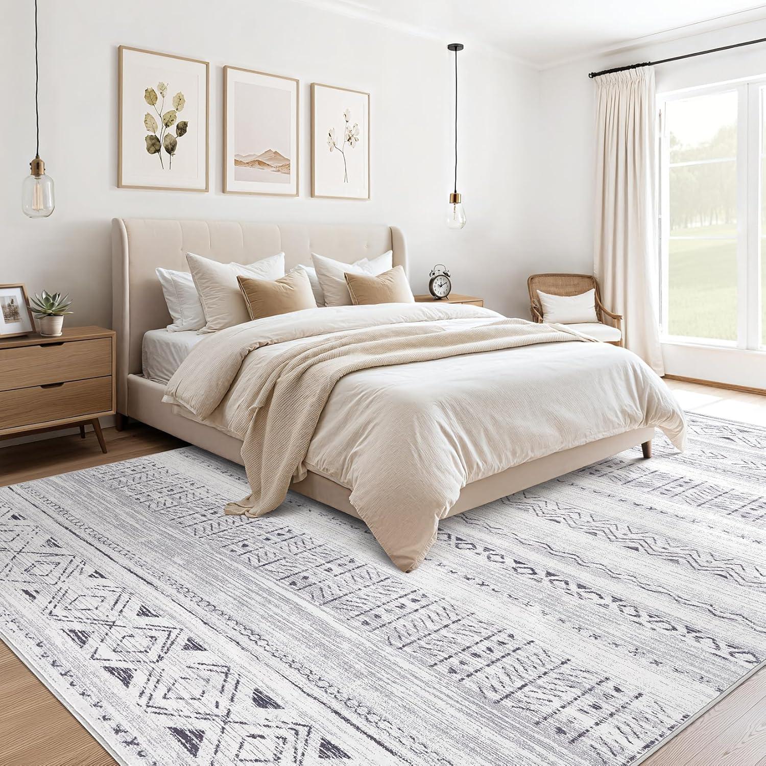 Large Living Room Area Rug 9x12: Soft Machine Washable Boho Moroccan Farmhouse Rugs for Bedroom Under Dining Table - Non-Slip Neutral Morden Indoor Floor Rug Carpet for Home Office Decor - Grey