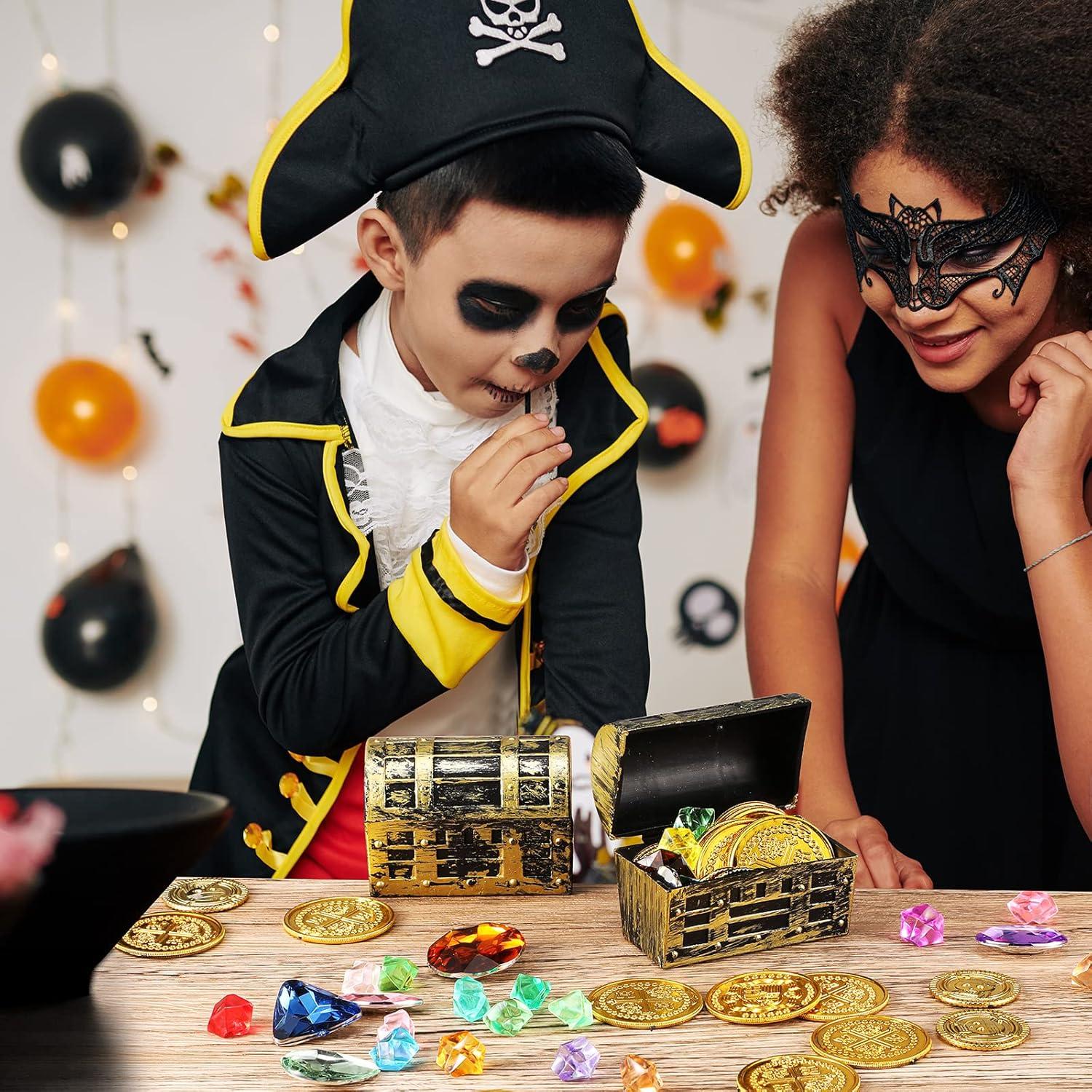 32 Pieces Mini Pirate Treasure Chests 2.3 Inch Plastic Treasure Chests with a Gold Finish Vintage Pirate Jewelry Box for Halloween Birthday Christmas Party Favors Trinkets Supplies for Boys Girls