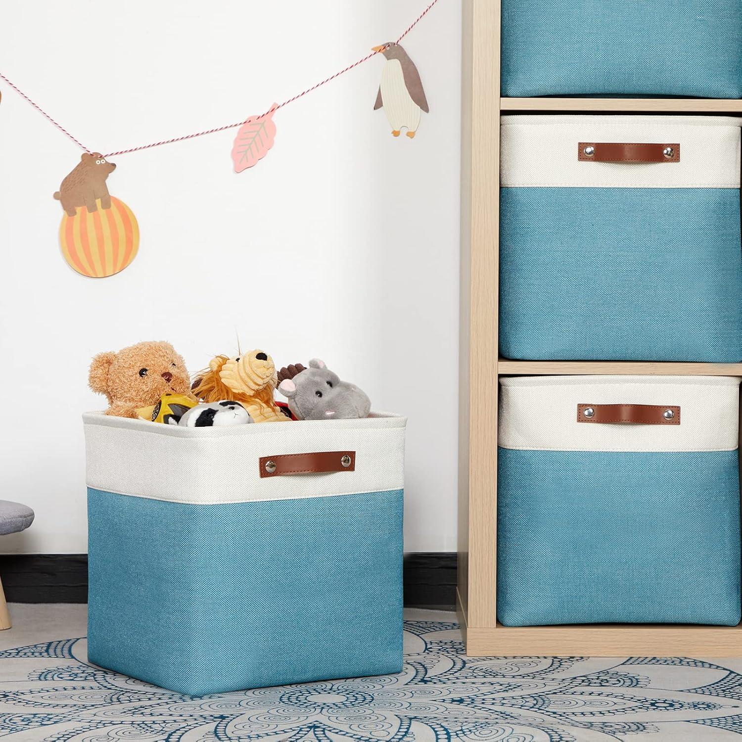 Tegance 13x13 Storage Cubes Baskets 4 Pack Fabric Cube Storage Bins Large Storage Baskets with Leather Handles,Decorative Storage Boxes for Organizing Shelves(WhiteGreen)