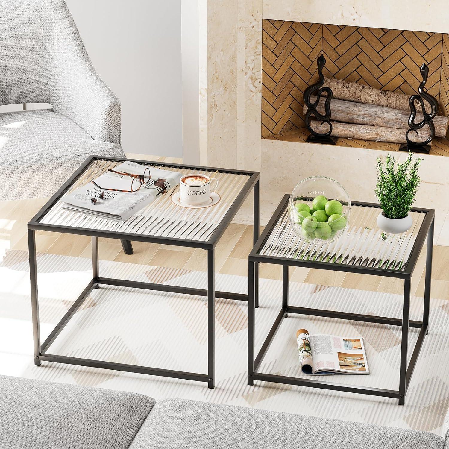 VILAWLENCE Coffee Table Set of 2, Modern Black Patterned Glass Side Table, Metal Frame Square End Table, Center Tables Nesting Coffee Table for Living Room,Bedroom and Small Spaces