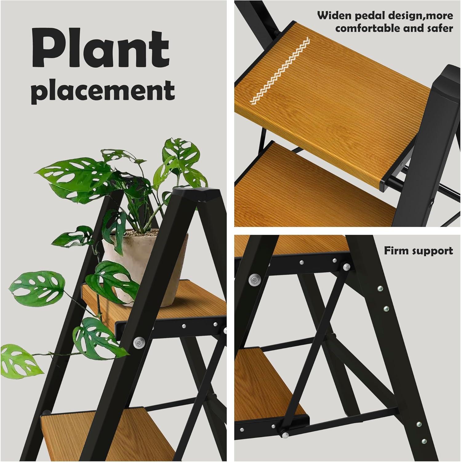 Black Aluminum Foldable 2-Step Ladder with Woodgrain Steps