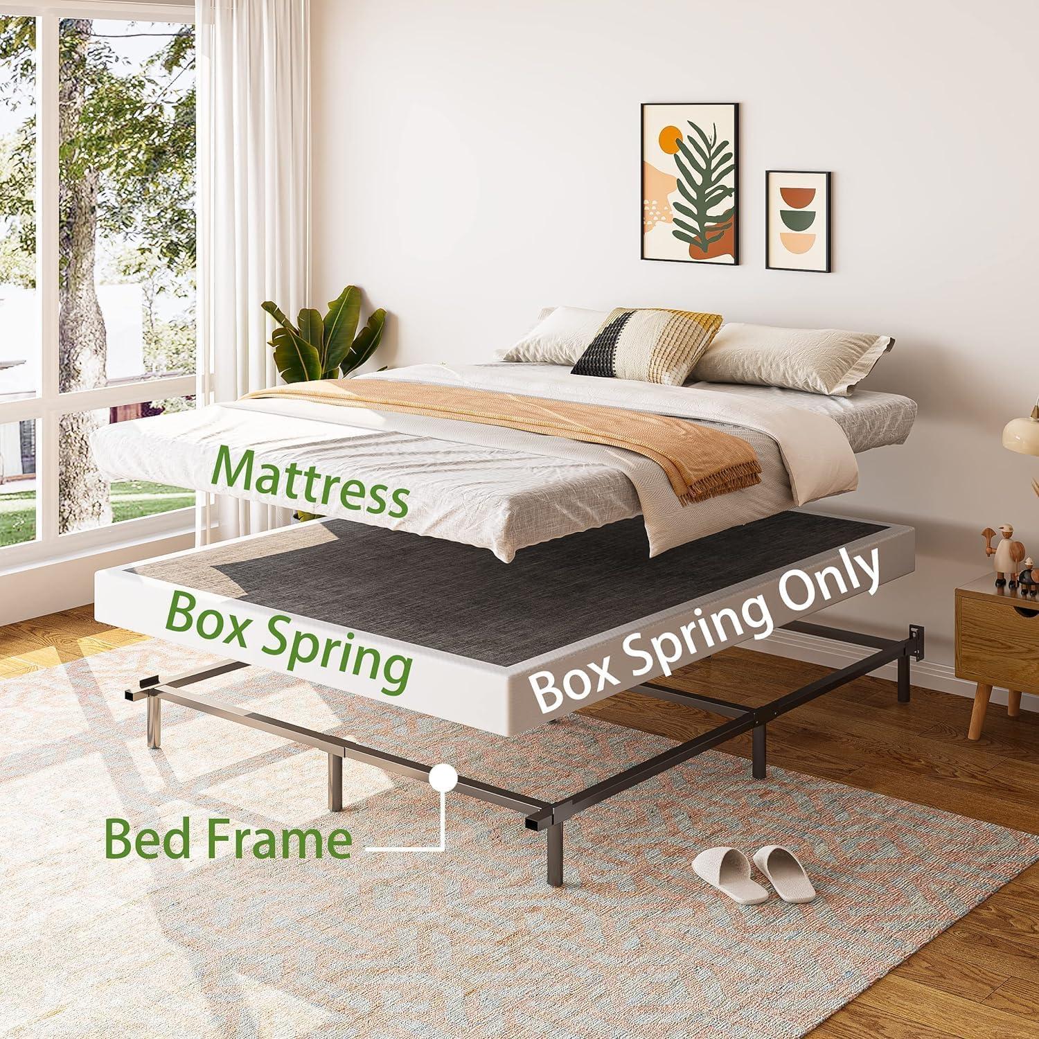 King Size Bed Frame, 5 Inch Low Profile Metal Box Spring with Fabric Bed Cover, 2500lbs Heavy Duty Steel Structure Mattress Base, Noise-Free Bed Foundation, Easy Assembly, Black
