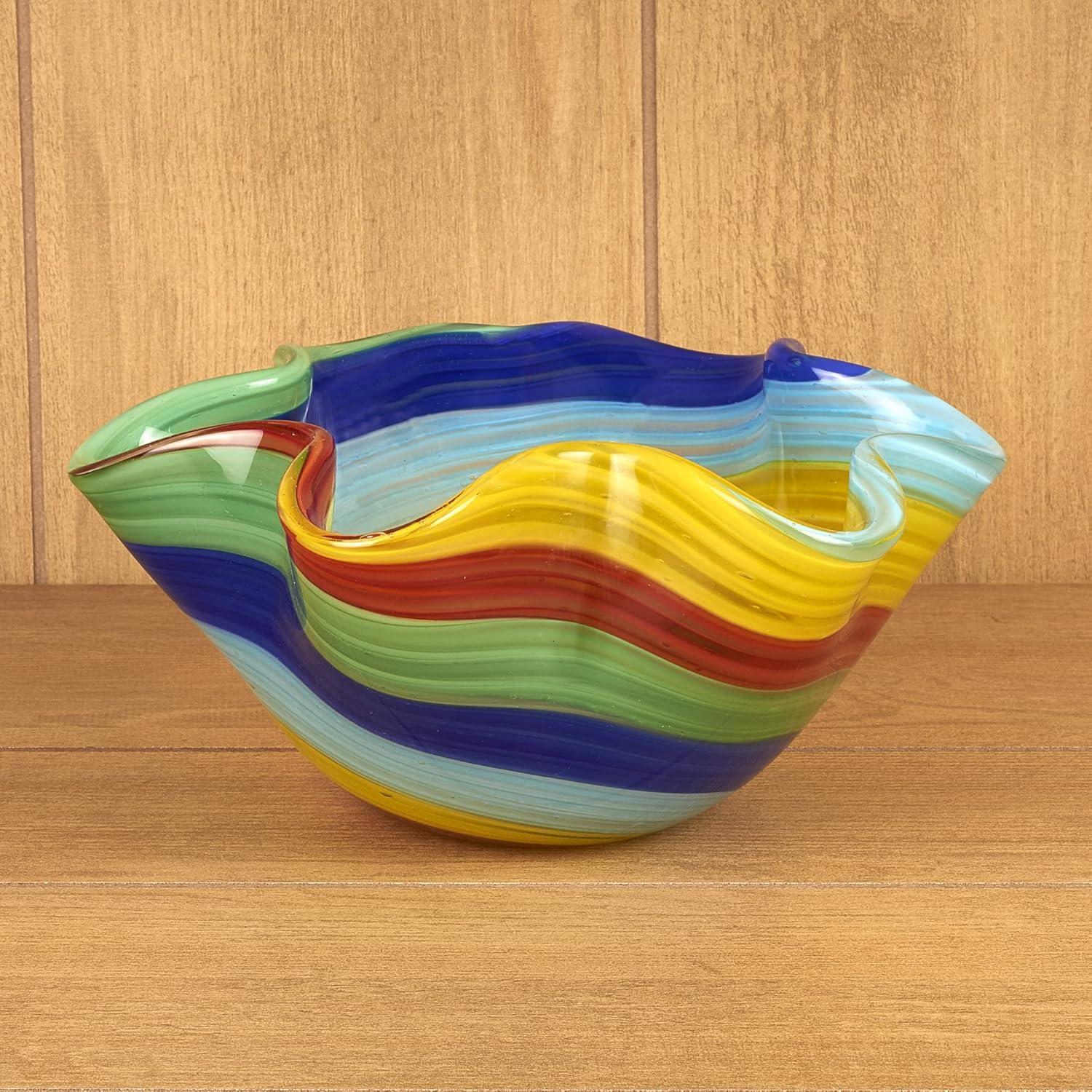 Modern and Elegant Rainbow Murano Style Art Glass Decorative Bowl With Cool Design for Home Decor - Mouth Blown Artistic Bowl, 10″ Wavy Bowl