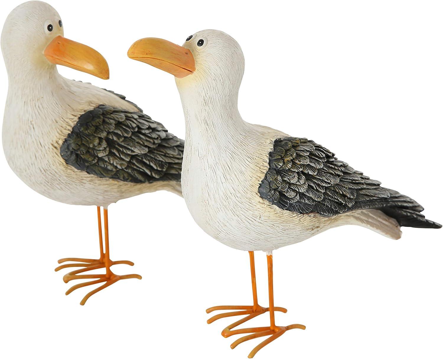 2 Piece Sea Gulls, Bird Figurine Set, White, Gray, and Orange, Handcrafted, Painted, Cast Poly Resin,  Iron Legs, 7.0 L x 2.75 W x 6.0 H Inches