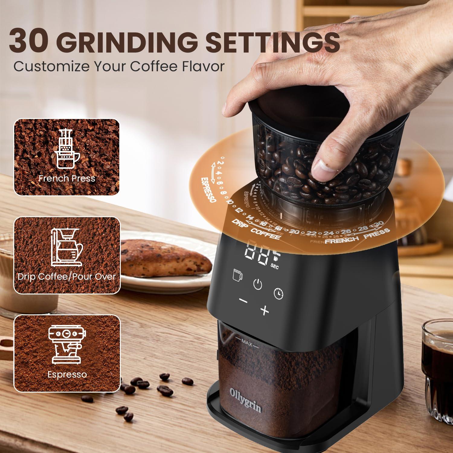 Ollygrin Conical Burr Coffee Grinder Electric Coffee Bean Grinder With Lcd Screen 30 Grind Settings Burr Mill Grinder, 2-12 Cups