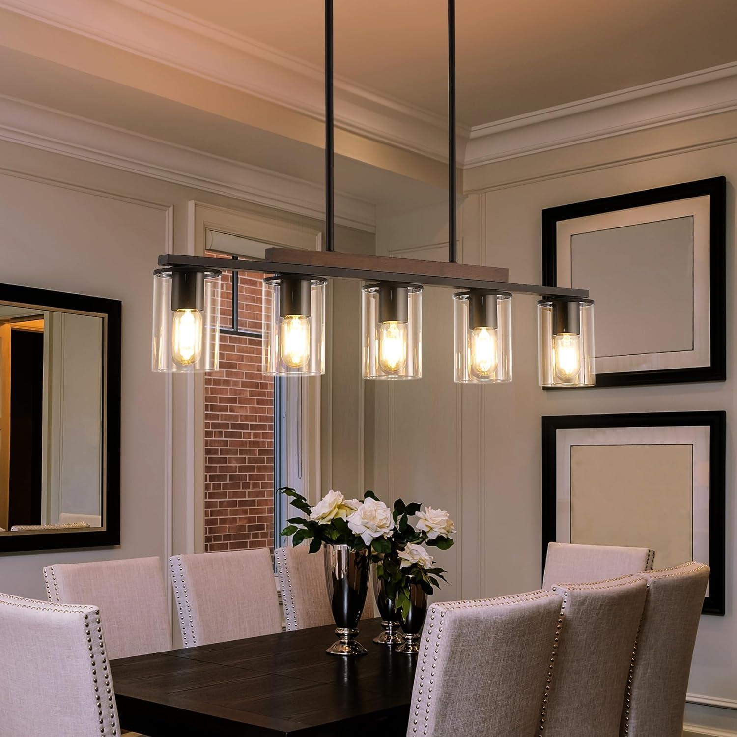 Black and Wood 5-Light Linear Island Chandelier