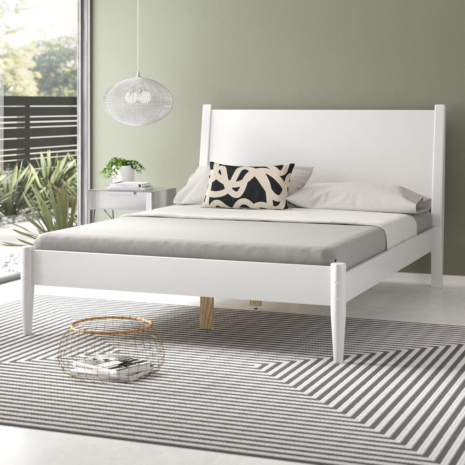 Camaflexi Mid Century Platform Bed Wood Panel Bed Frame with Headboard, Queen, White
