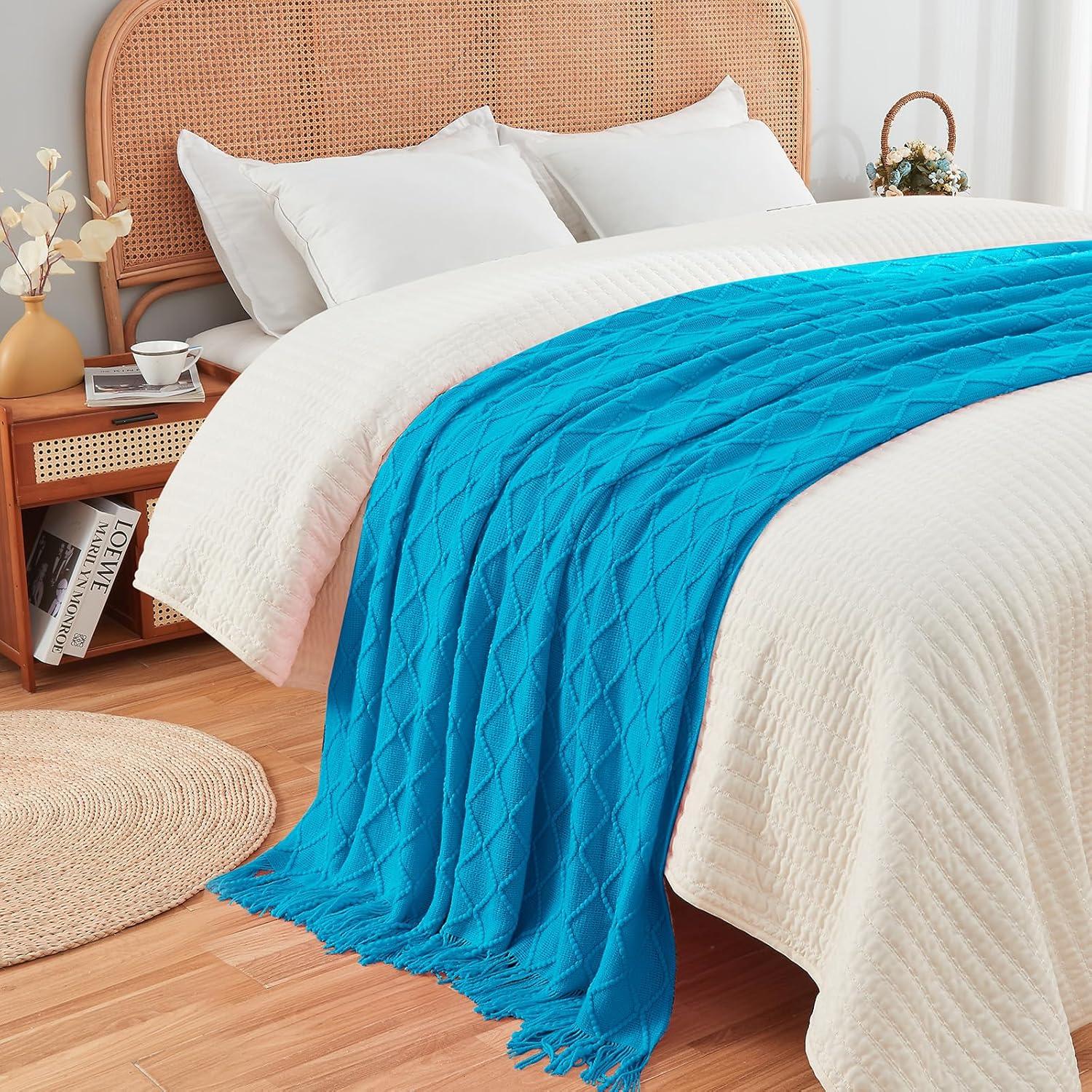 Teal Wool Knitted Lightweight Throw Blanket with Tassels