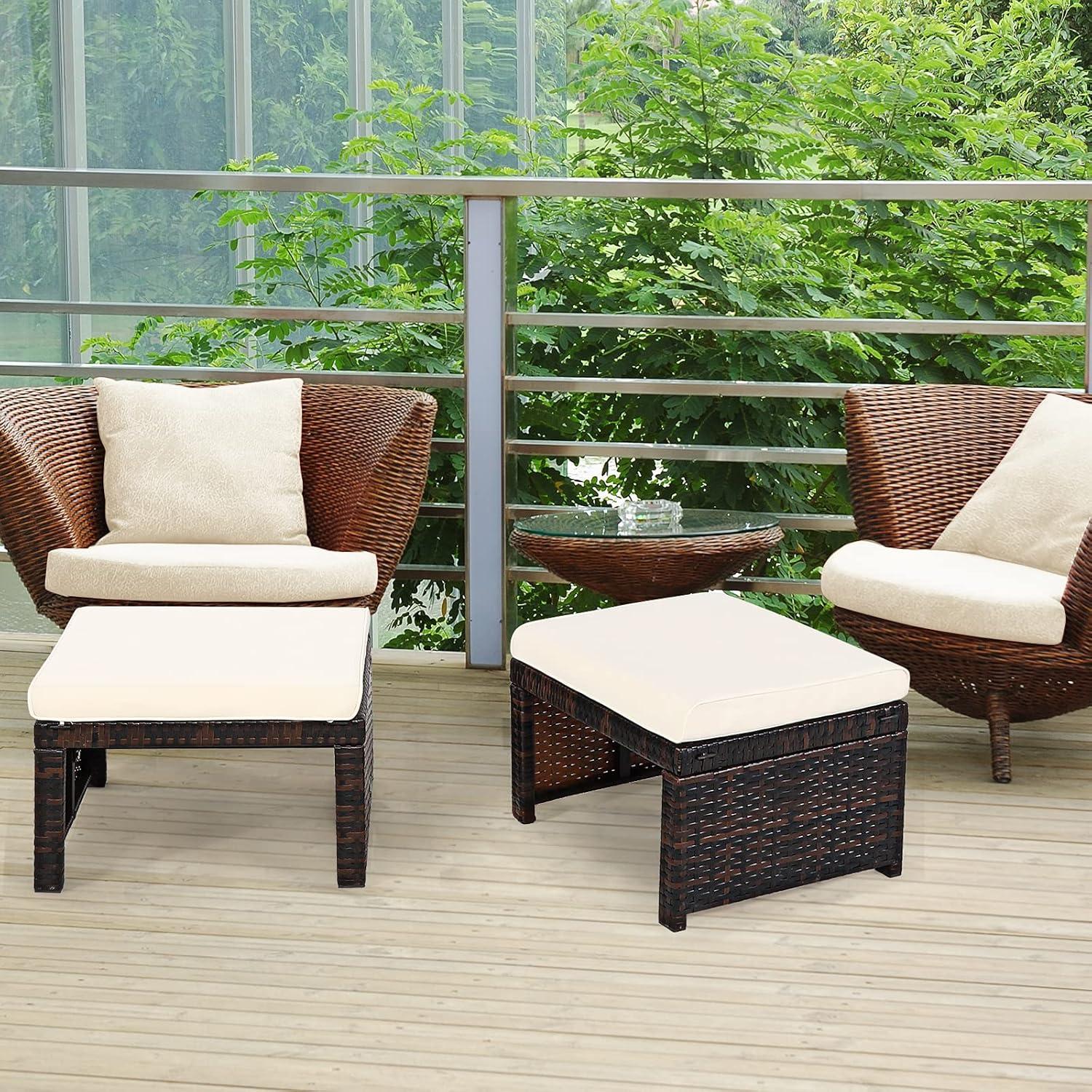 GVN 2 Pieces Patio Rattan Ottomans with Soft Cushion for Patio and Garden-White, Outdoor Footstool Footrest Furniture, All Weather Outdoor Ottomans Footrest Seat