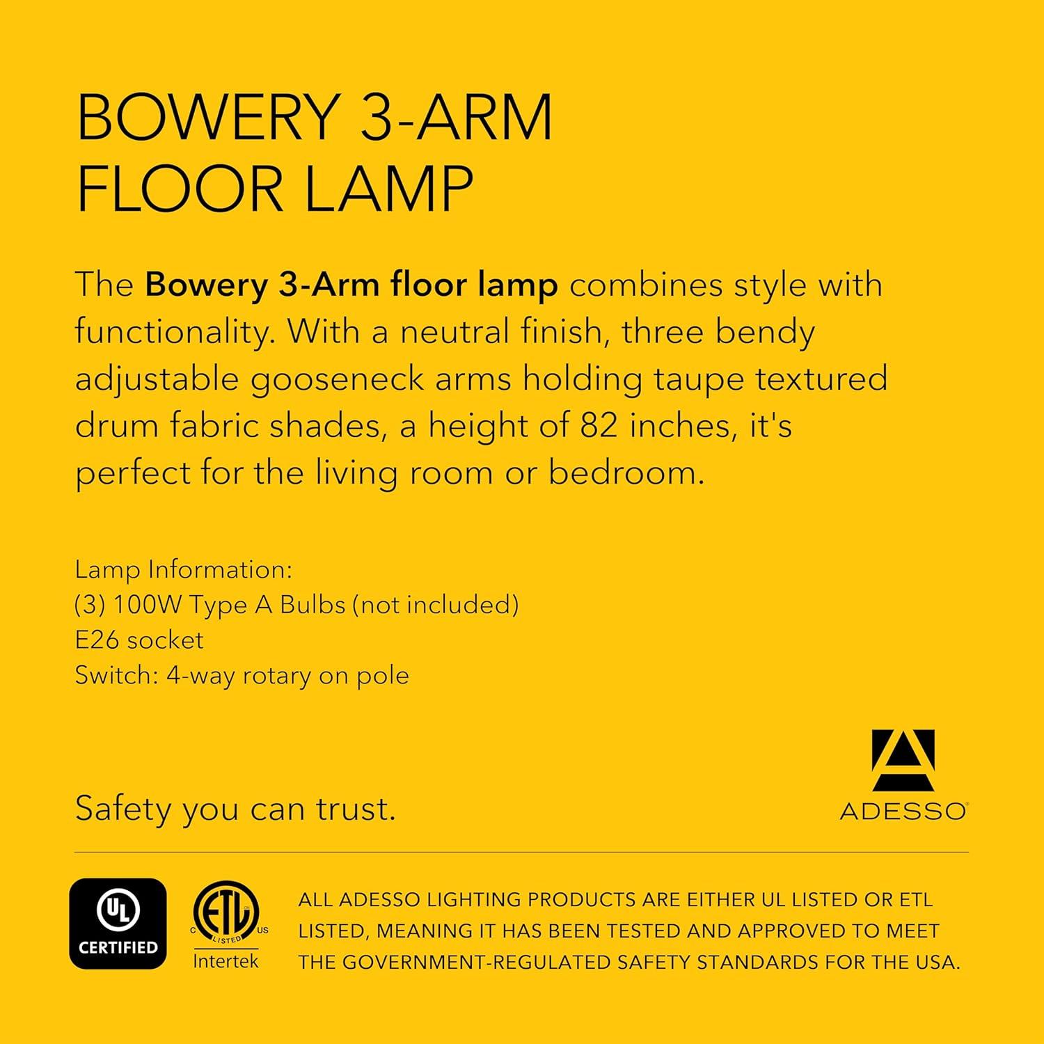 Adesso Home Brand Bowery 3-Arm Arc Lamp in Black Color