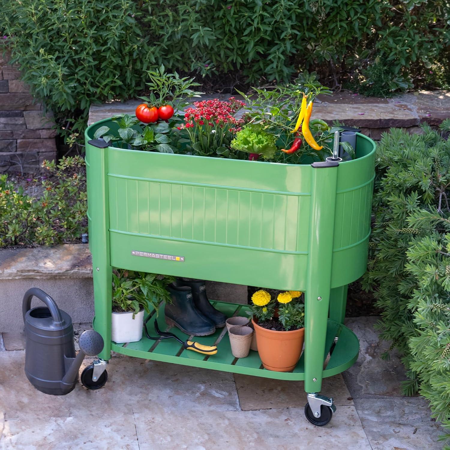 Green Powder-Coated Steel Elevated Garden Bed with Casters