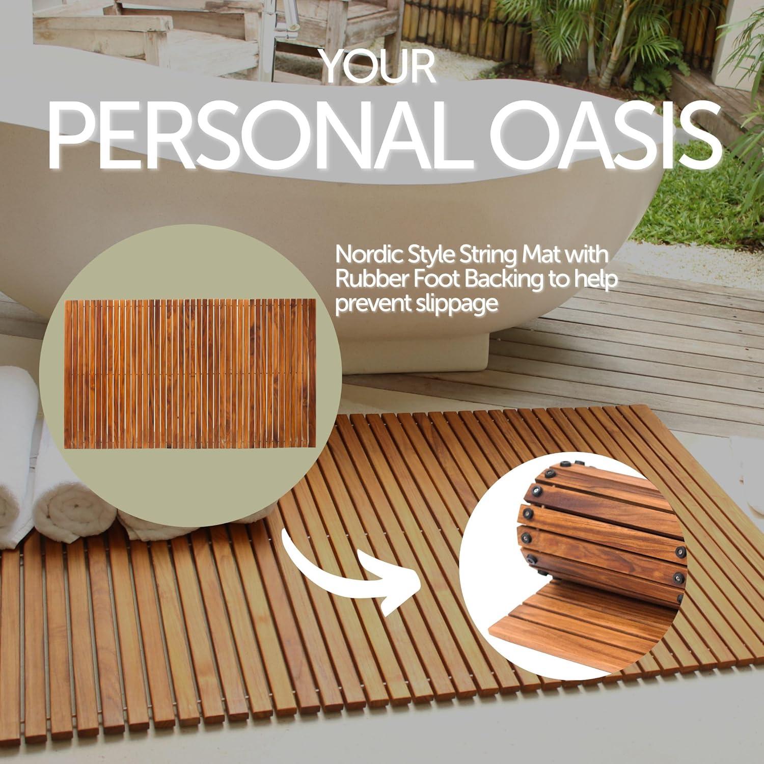 Nordic Teak 59" x 35" Extra Large Oiled Shower and Bath String Mat with Rubber Footing - Brown