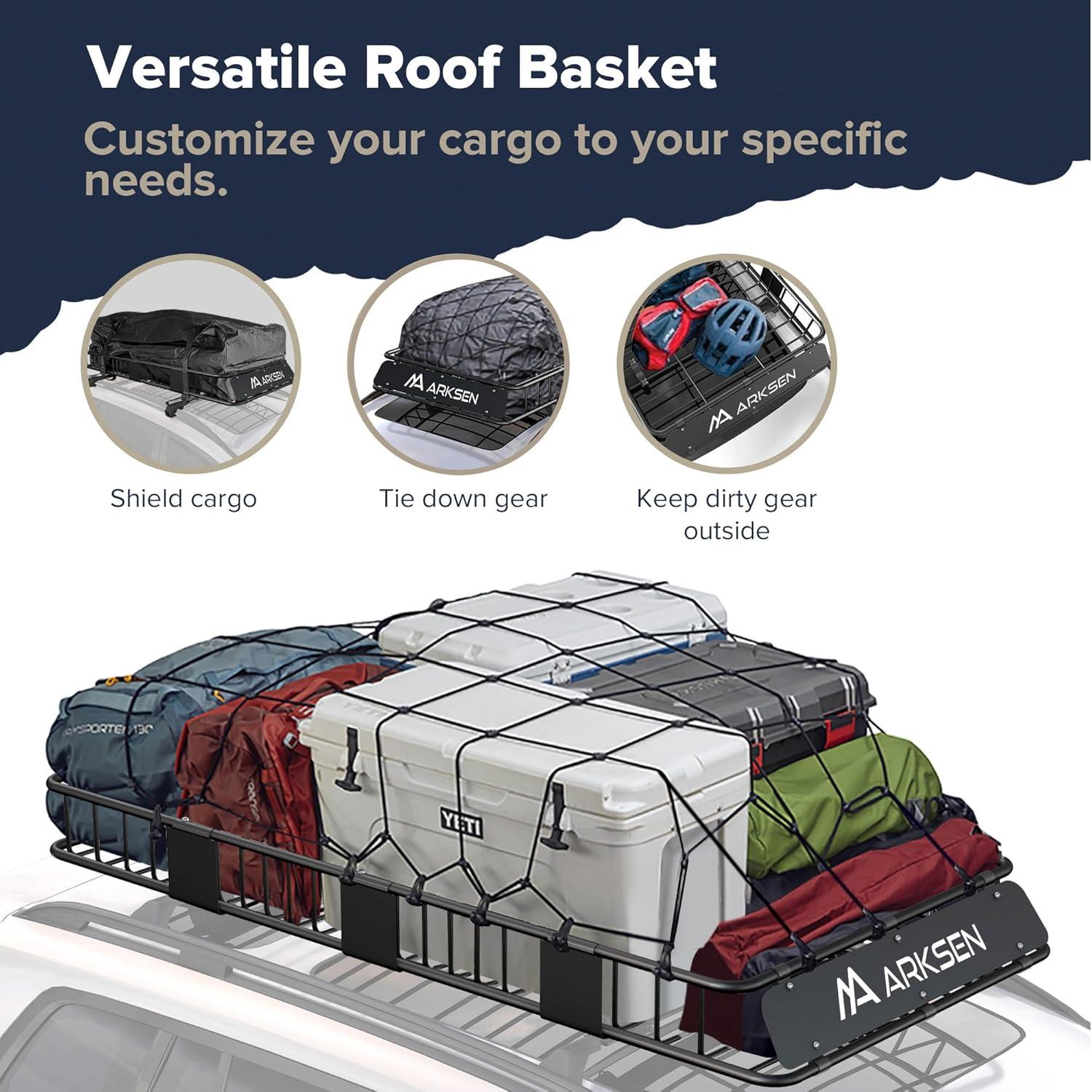 ARKSEN 84" Universal Roof Rack Cargo Extension with 2 Cargo Net Car Top Luggage Holder Carrier Basket SUV Camping, Black