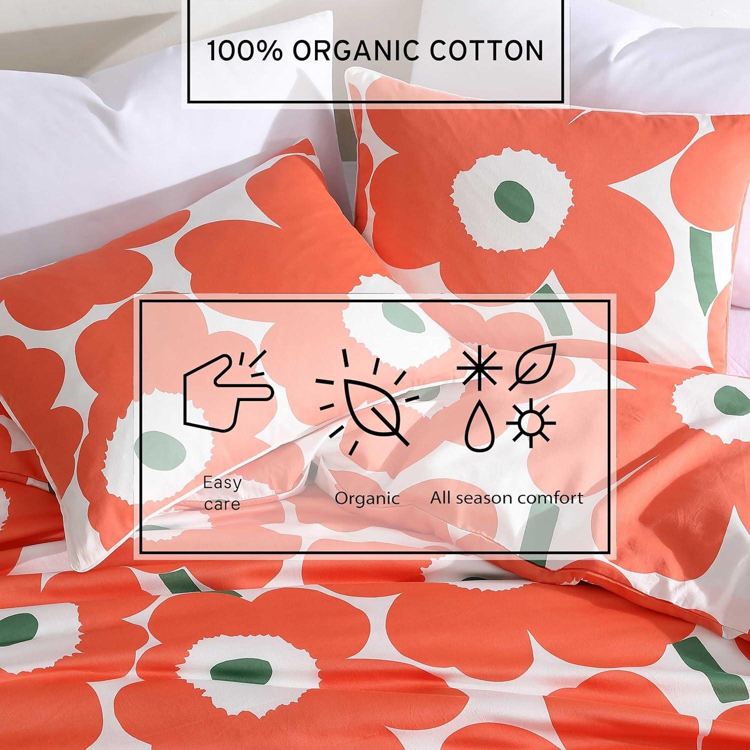 Unikko Orange and White Organic Cotton Queen Duvet Cover Set