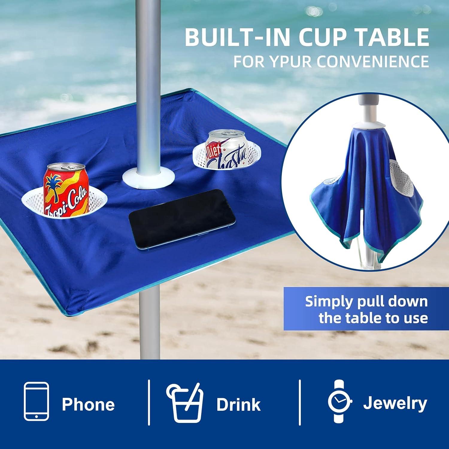 Blue 7ft Round Beach Umbrella with Aluminum Pole and Built-in Table