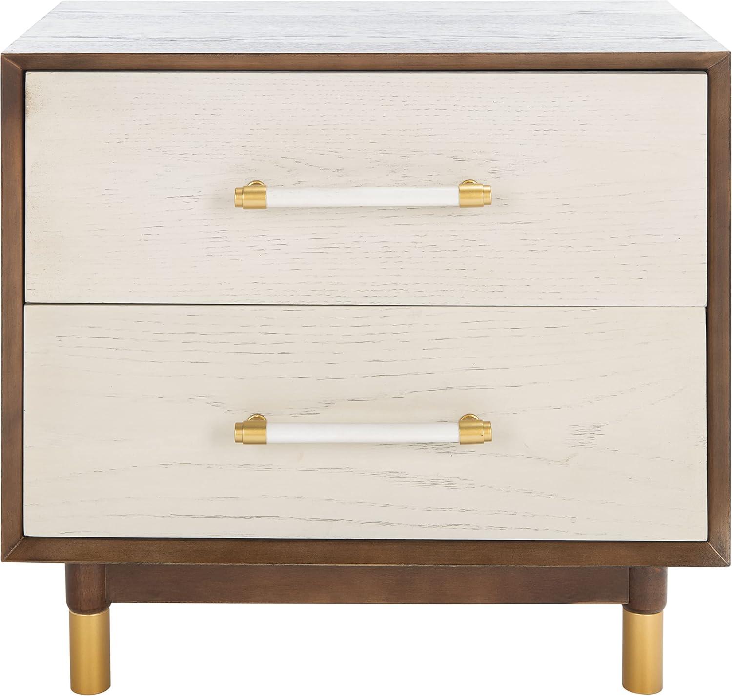 Retro Rustic Walnut/White Washed 2 Drawer Nightstand with Brass Accents