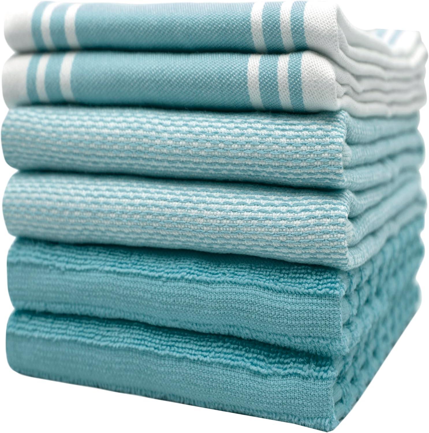 Aqua Cotton Terry and Flat Kitchen Towels Set, 20”x 28”, 6 Pack