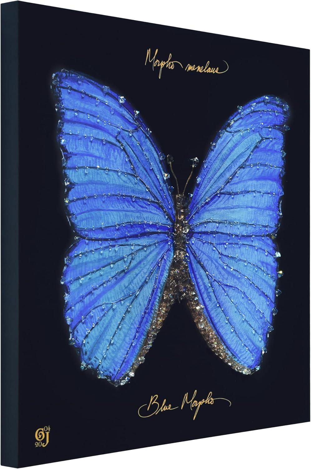 "Blue Monarch Elegance" Crystallus Epoxy Coated Wrapped Glossy Butterfly Canvas Wall Art with Heavy Acrylic Crystal Shards Embellishments