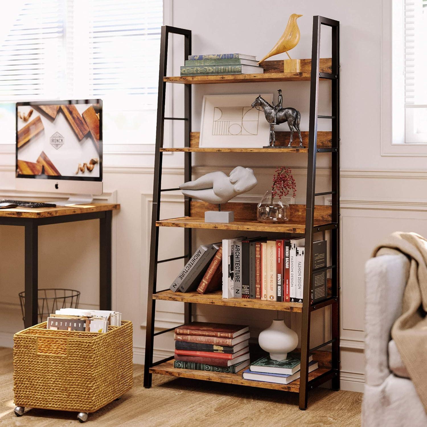 Industrial Bookshelves and Bookcases  Ladder Shelf 5 Tier with Metal Frame for Living Room   Office  Rustics Brown