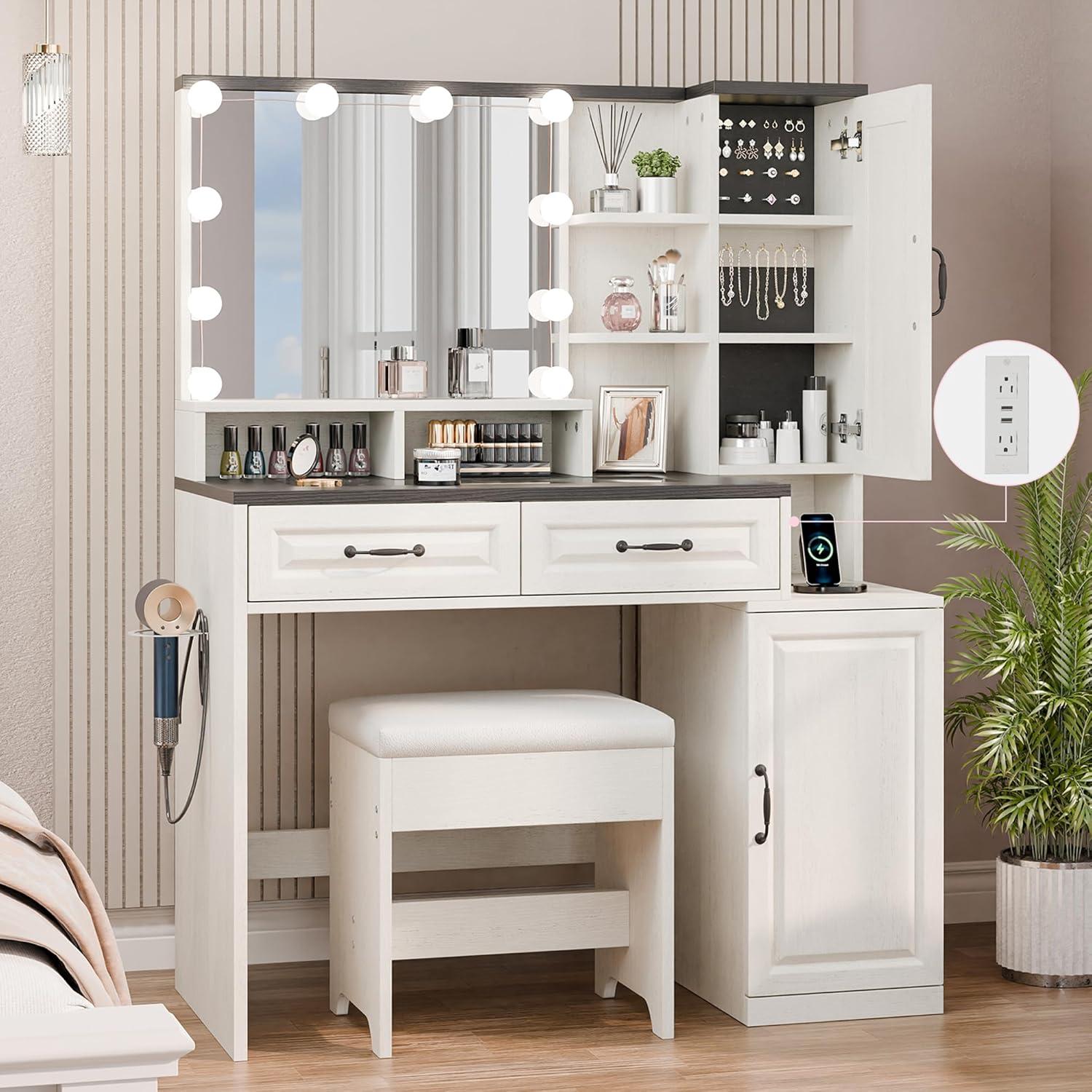 Hommpa Vanity Set with Mirror, Girls Makeup Vanity with  LED Lights, White Vanity Desk with Drawers, Vanity Table with Charging Station for Women Bedroom Storage