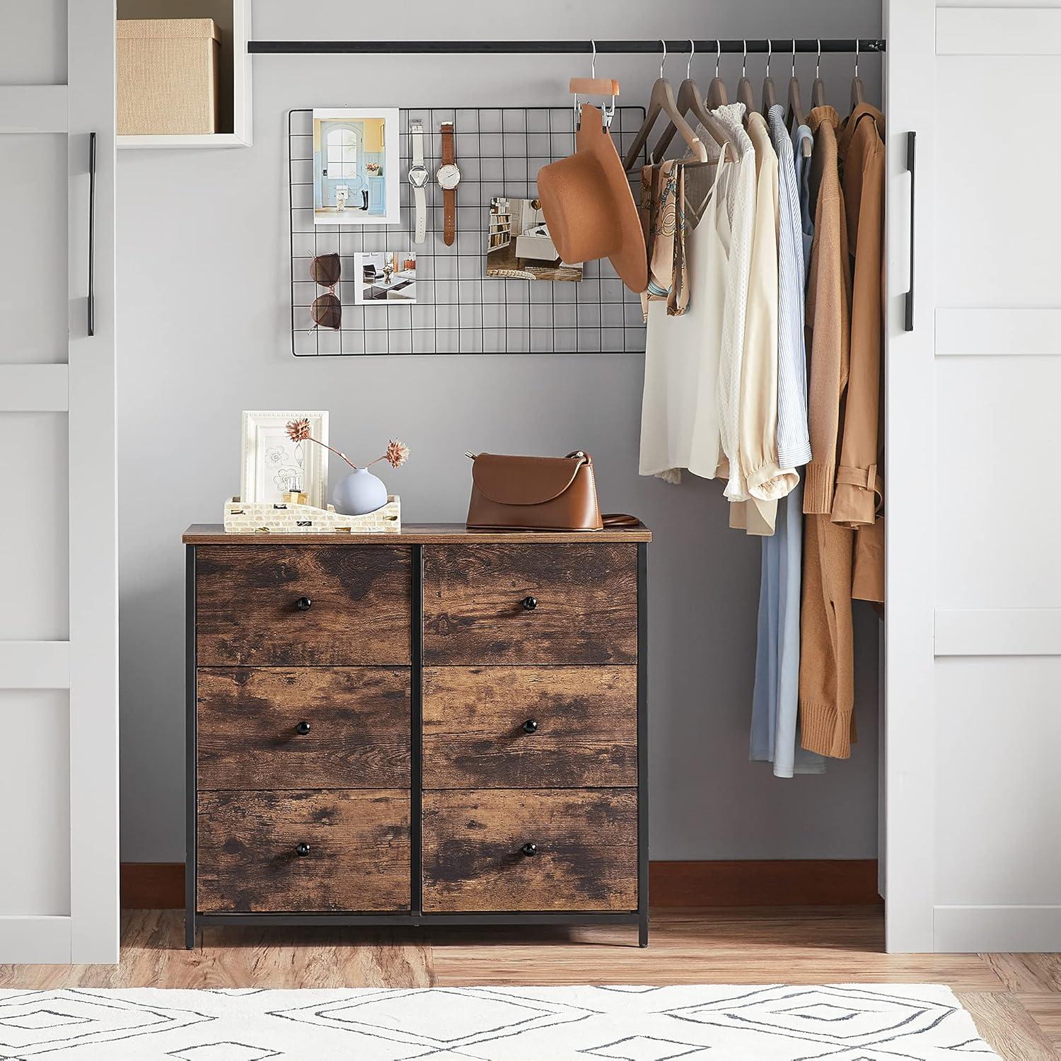 Rustic Brown and Black 6-Drawer Fabric Dresser with Metal Frame